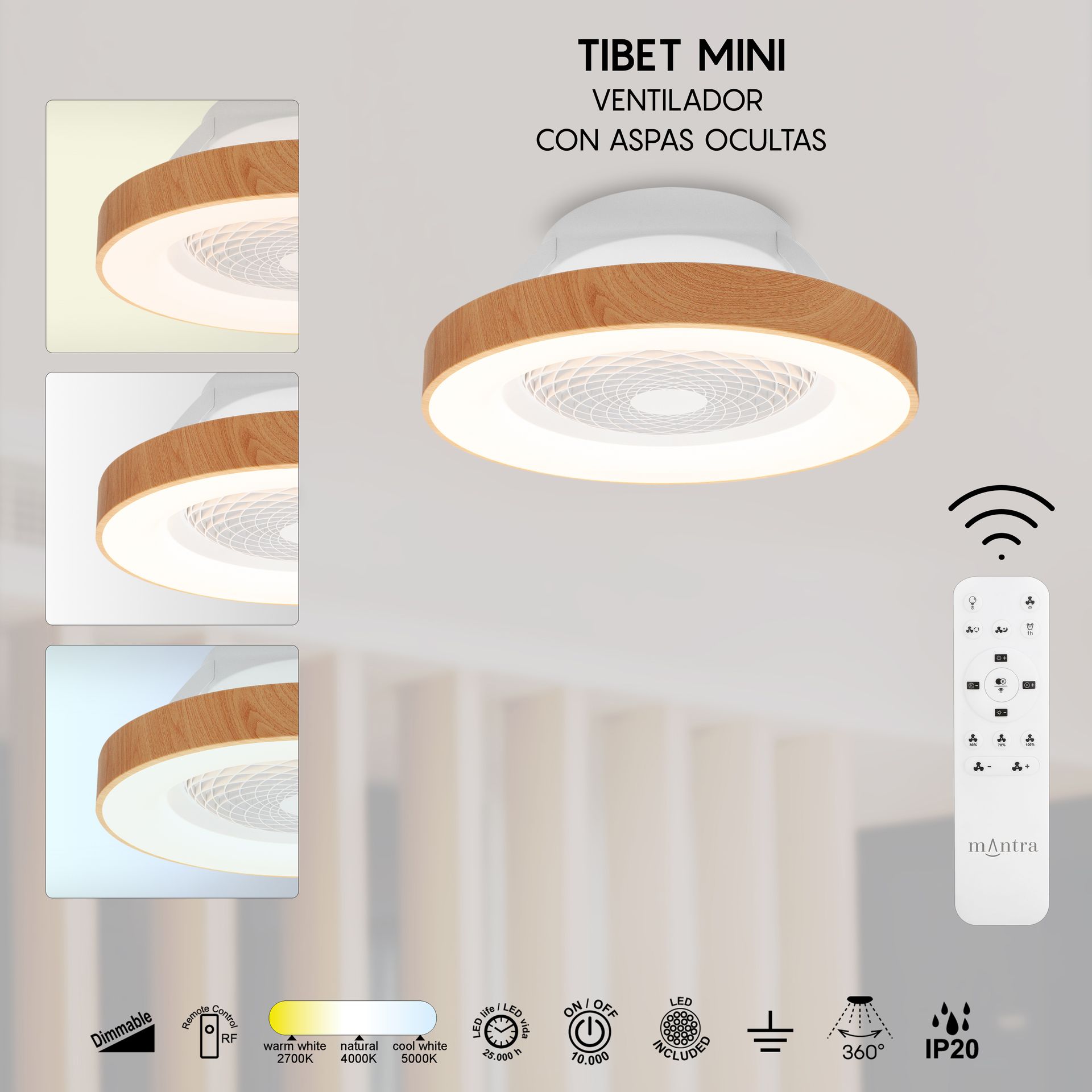 Tíbet Mini · Plafón-ventilador de aspas ocultas con luz · Madera / Blanco