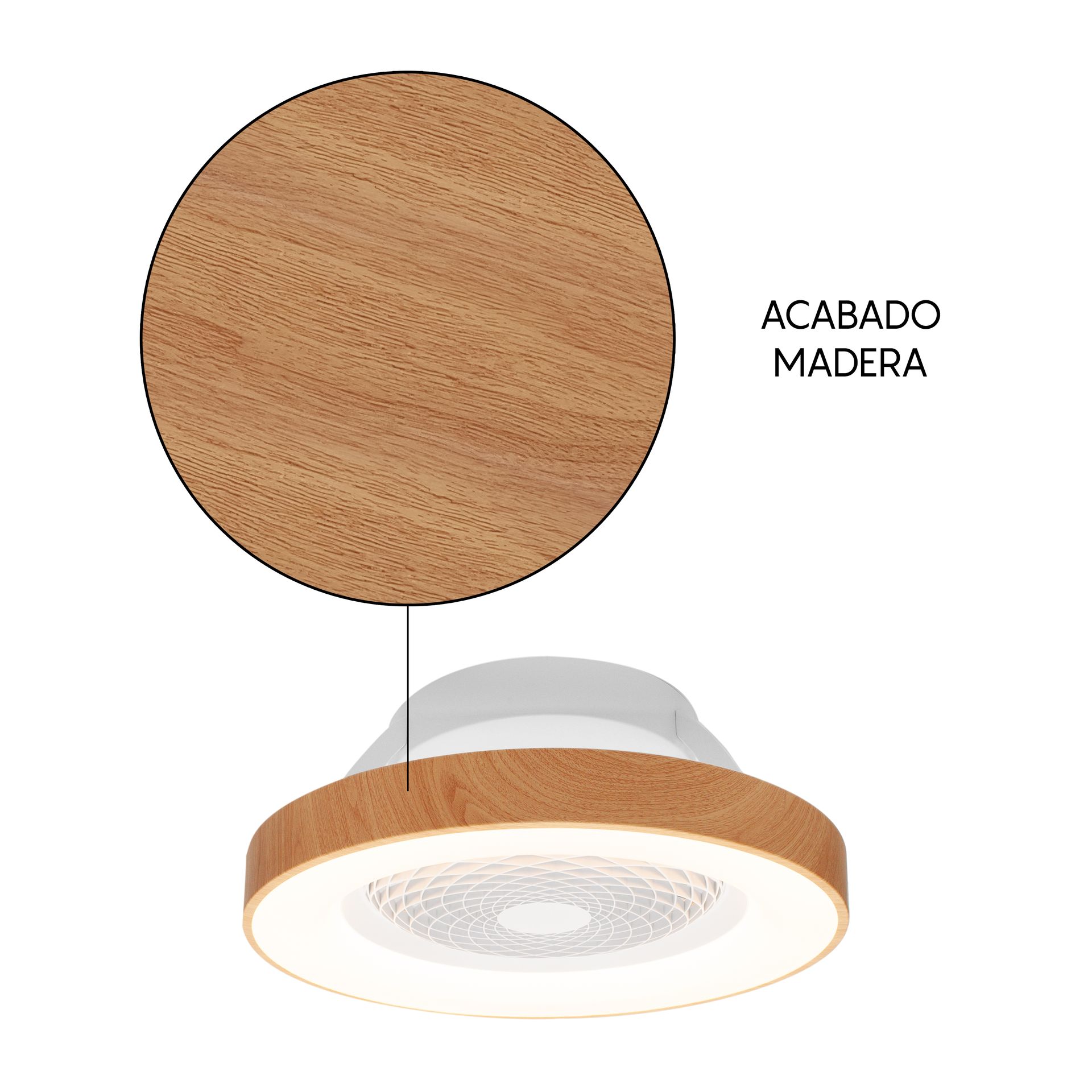 Tíbet Mini · Plafón-ventilador de aspas ocultas con luz · Madera / Blanco