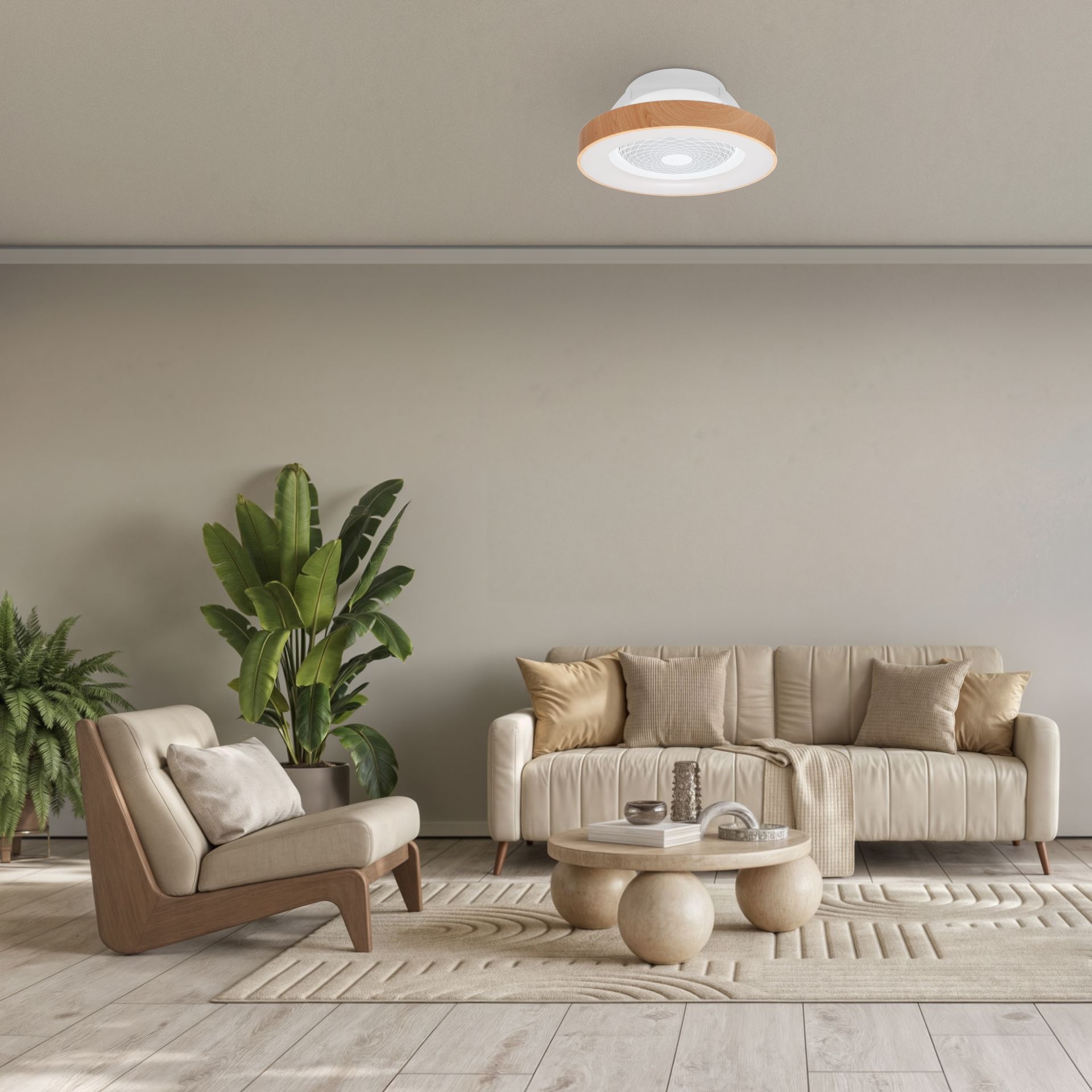 Tíbet Mini · Plafón-ventilador de aspas ocultas con luz · Madera / Blanco