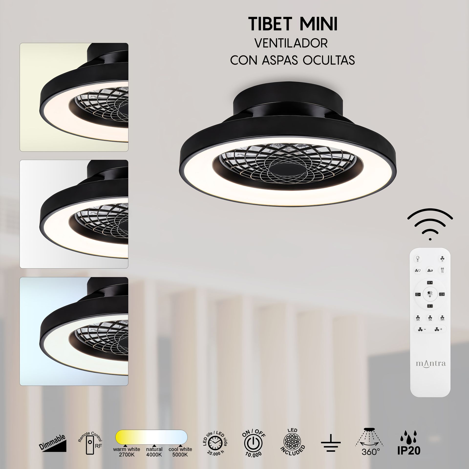 Tíbet Mini · Plafón-ventilador de aspas ocultas con luz · Black