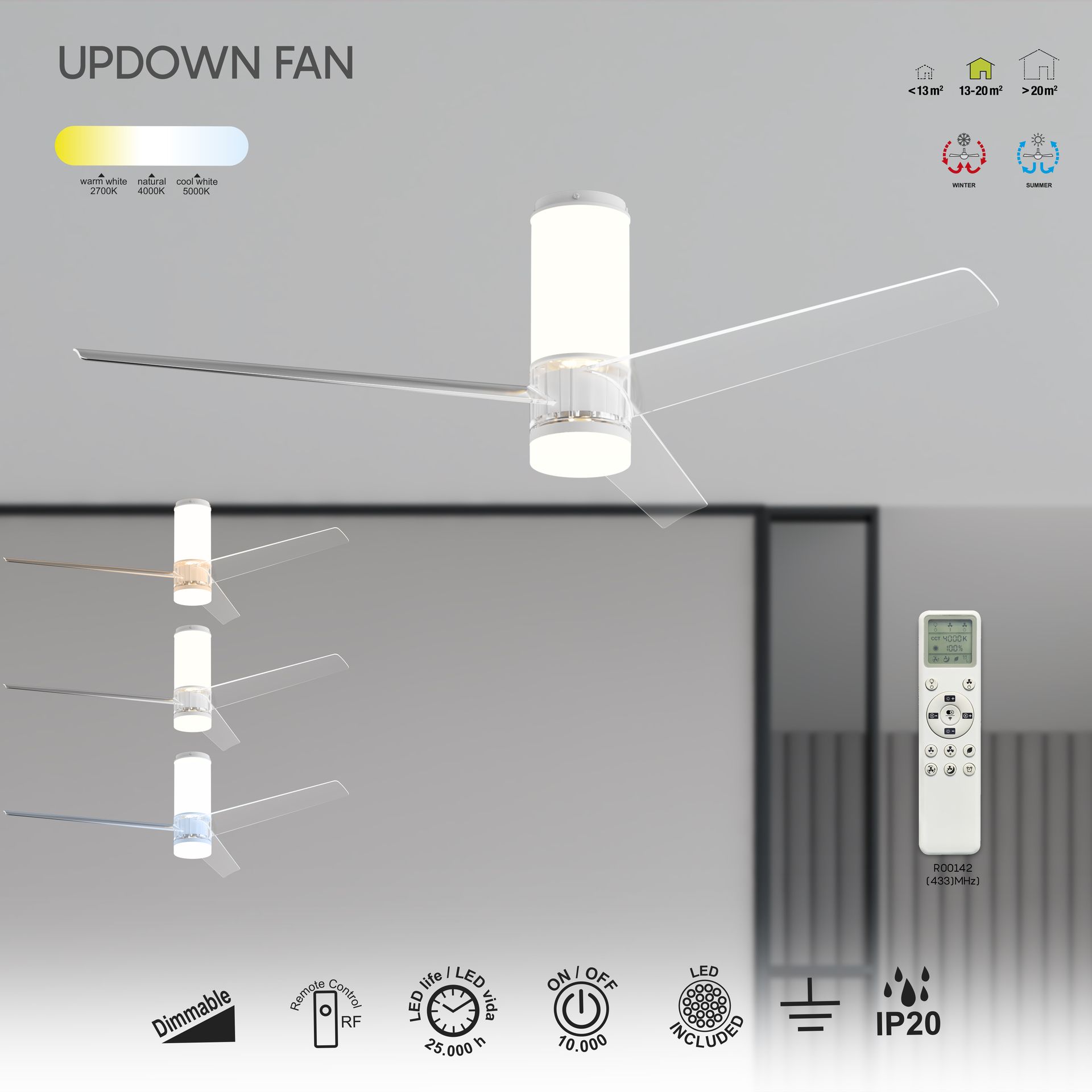 Up Down · Ventilador de aspas con luz · Blanco