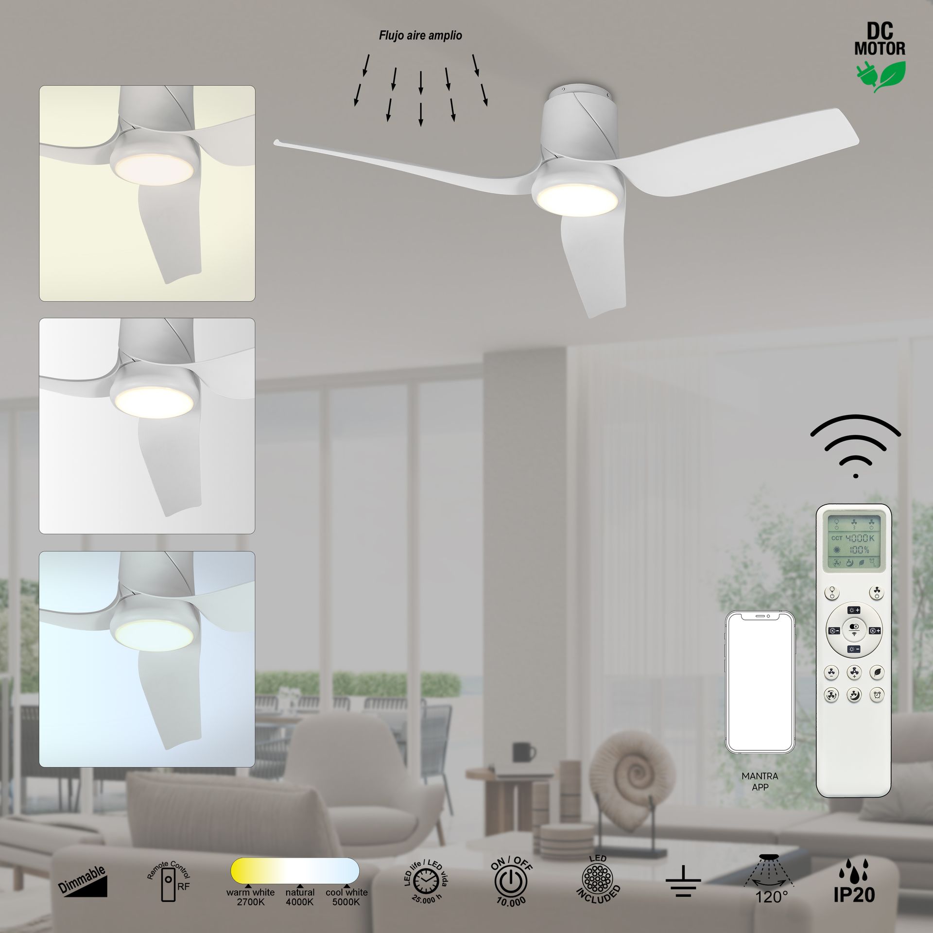 Ushuaia · Ventilador de aspas con luz · Blanco
