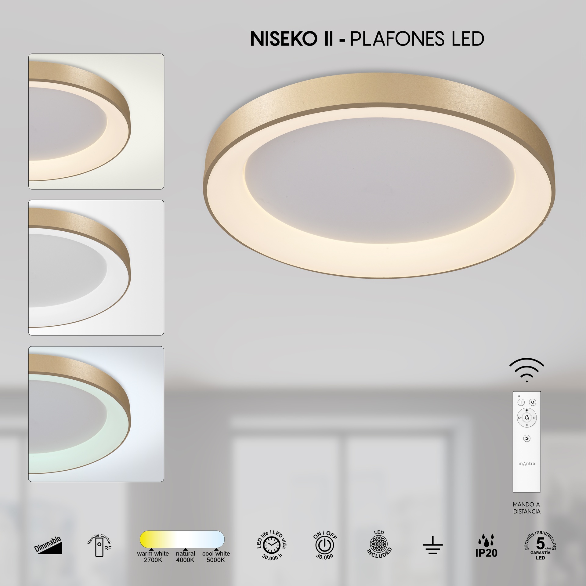 NISEKO II * ROUND CEILING 90 CM - WITH REMOTE CONTROL CCT - GOLD