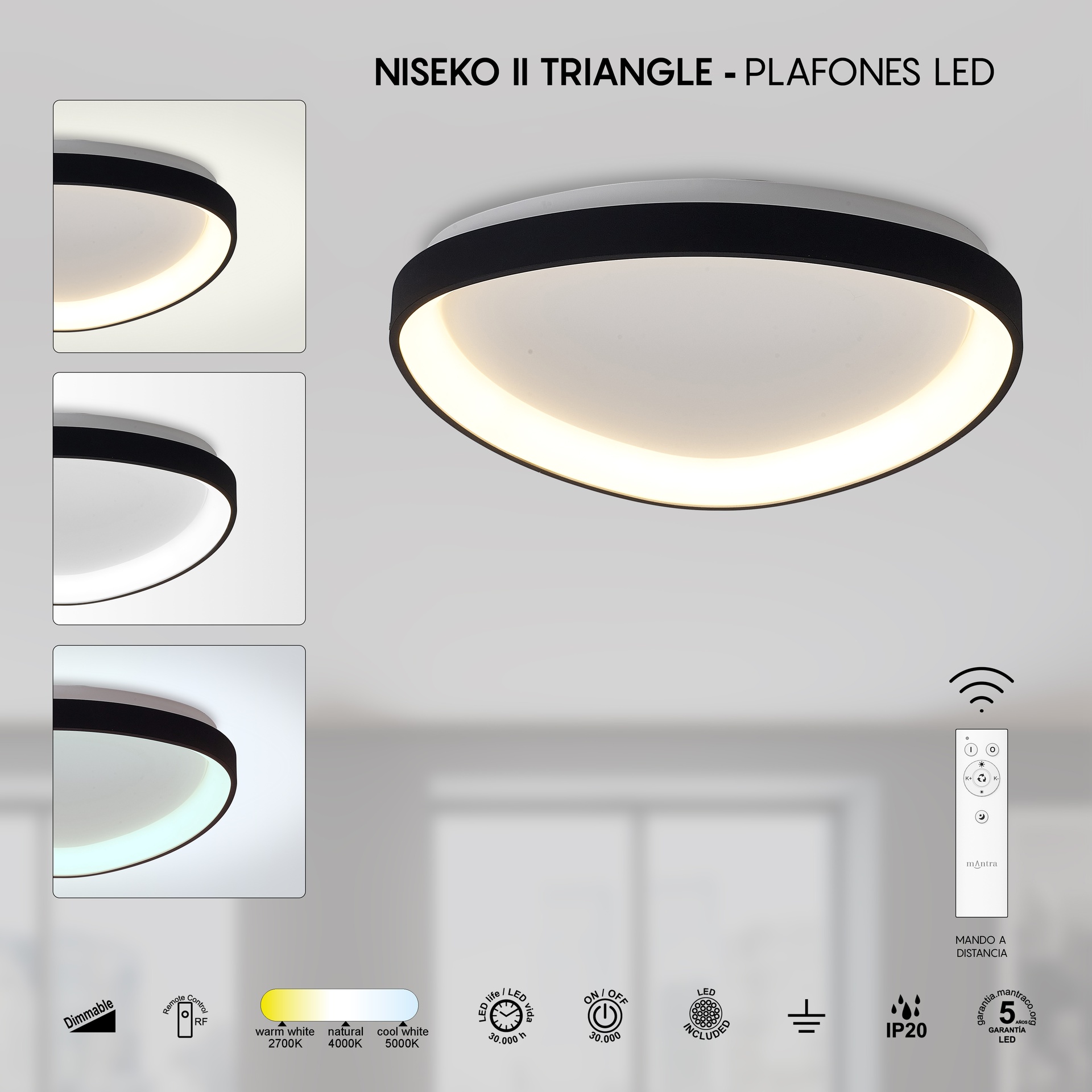 NISEKO II * CEILING TRIANGULAR LED 42 CM - WITH REMOTE CONTROL CCT - BLACK