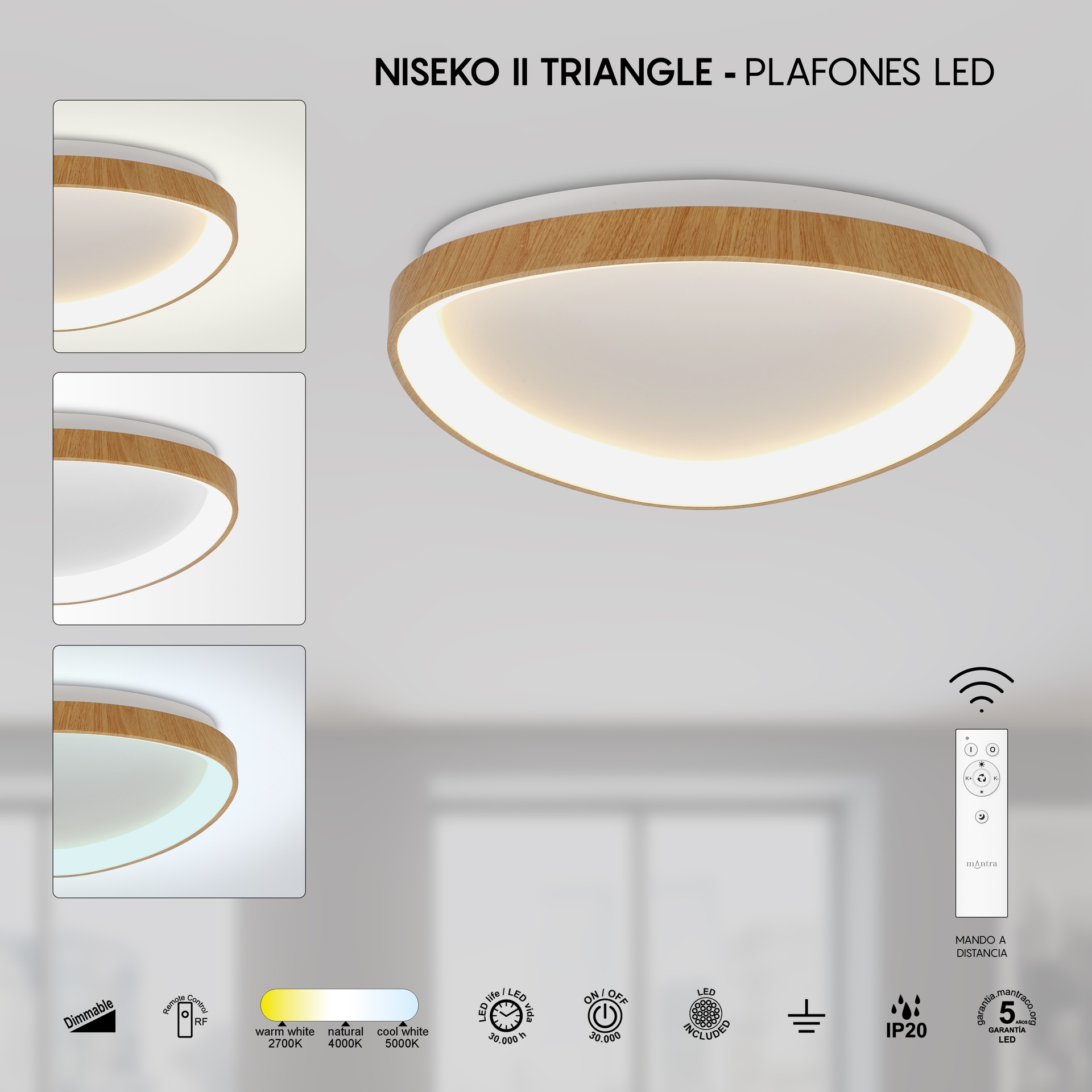 NISEKO II * CEILING TRIANGULAR LED 42 CM - WITH REMOTE CONTROL CCT - WOOD