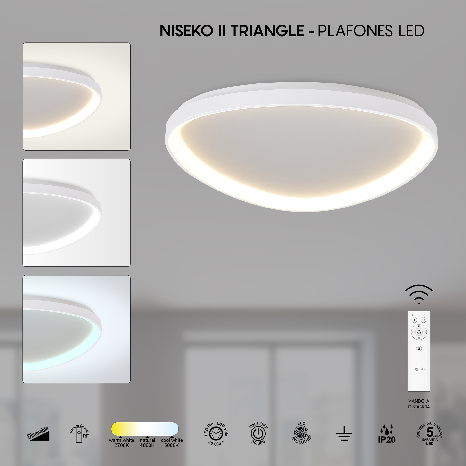 NISEKO II * PLAFONIERA TRIANGOLARE LED 61 CM - CON TELECOMANDO CCT - BIANCO