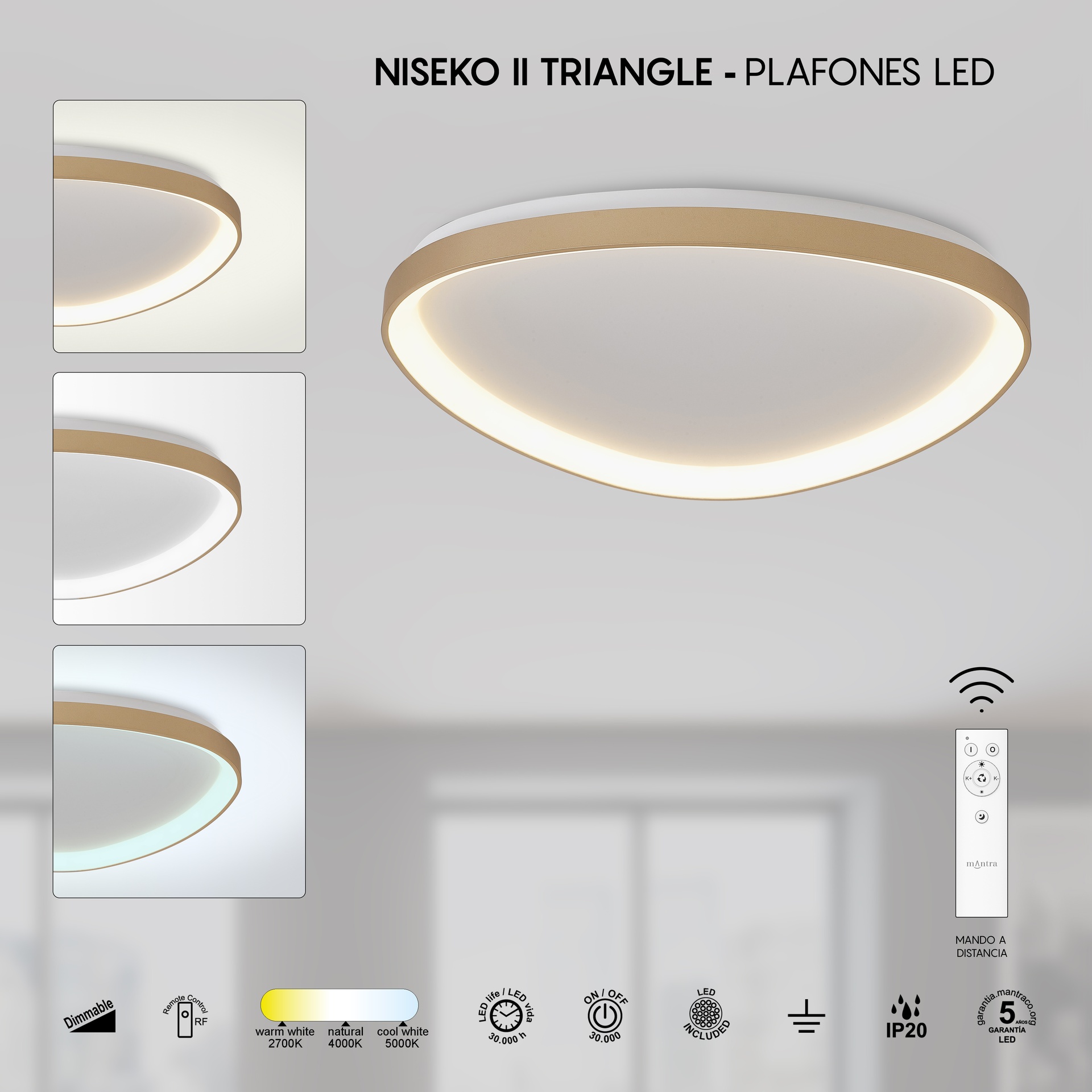 NISEKO II * PLAFONIERA TRIANGOLARE LED 61 CM - CON TELECOMANDO CCT - ORO