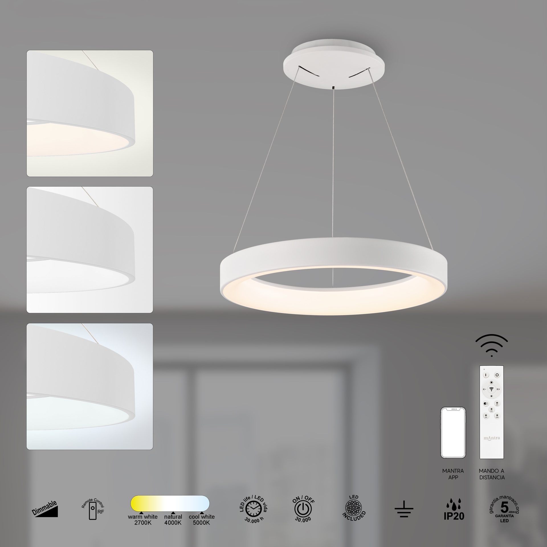 NISEKO II * PENDANT 38 CM - WITH REMOTE CONTROL - WHITE