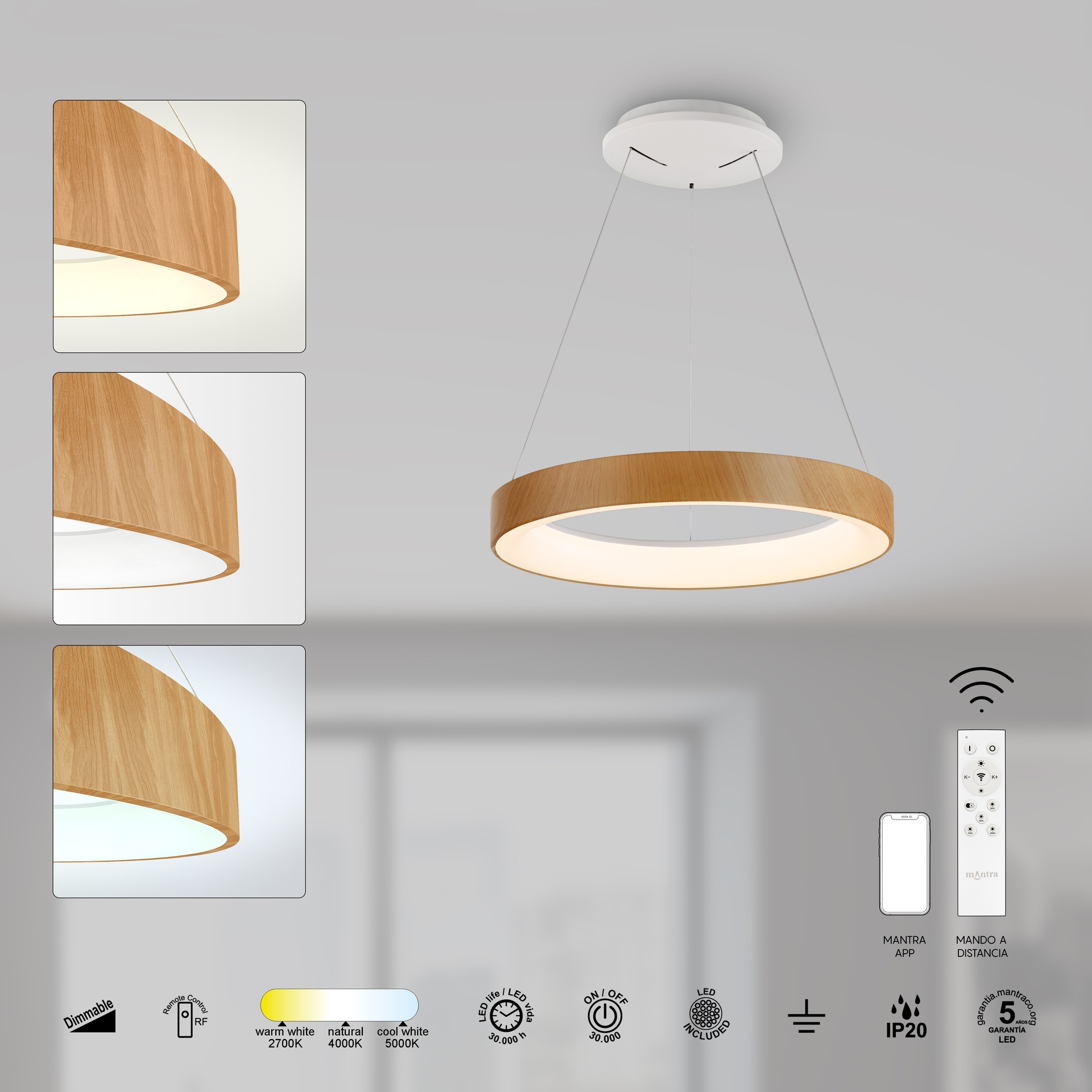 NISEKO II * PENDANT 38 CM - WITH REMOTE CONTROL - WOOD