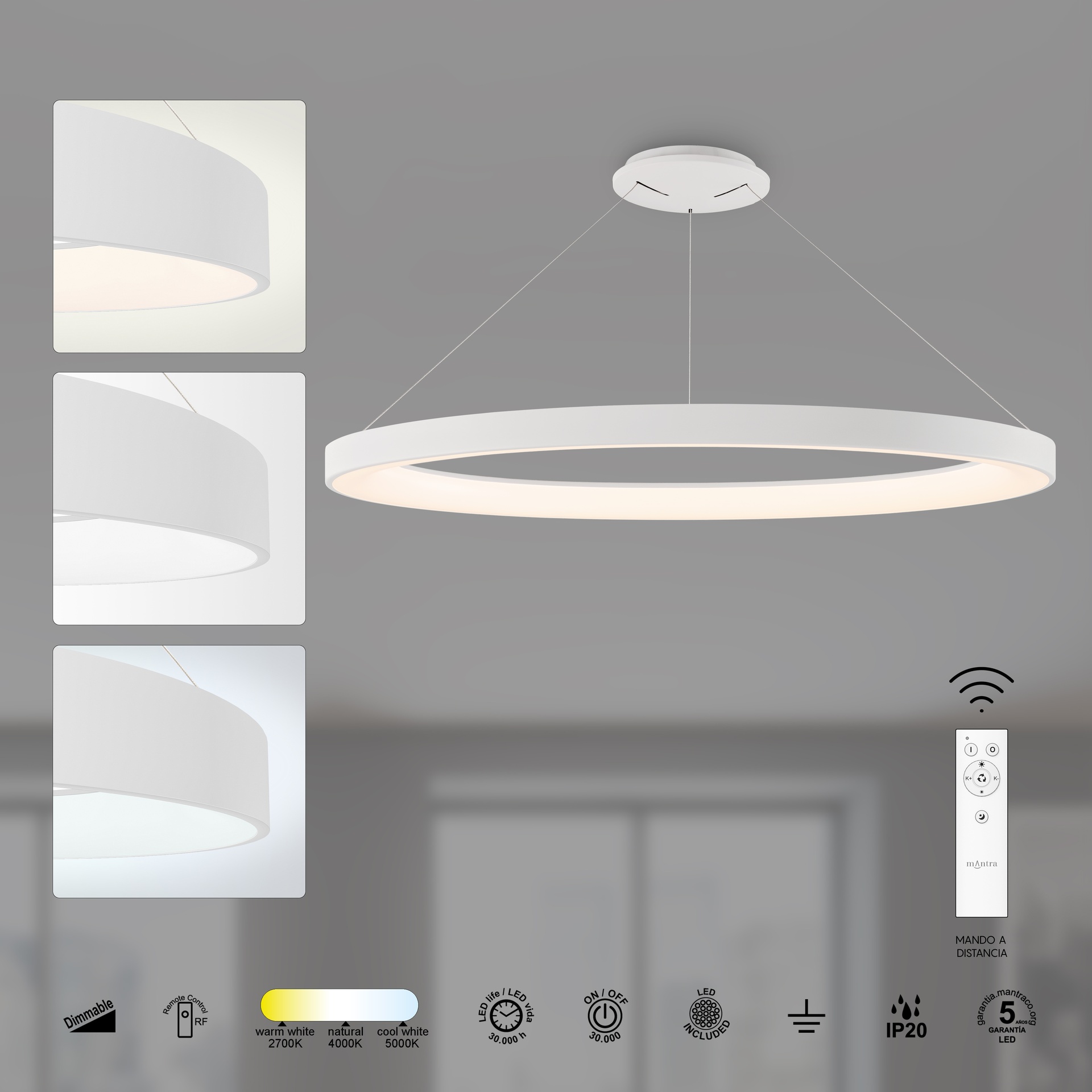 NISEKO II * PENDANT 90 CM - WITH REMOTE CONTROL - WHITE