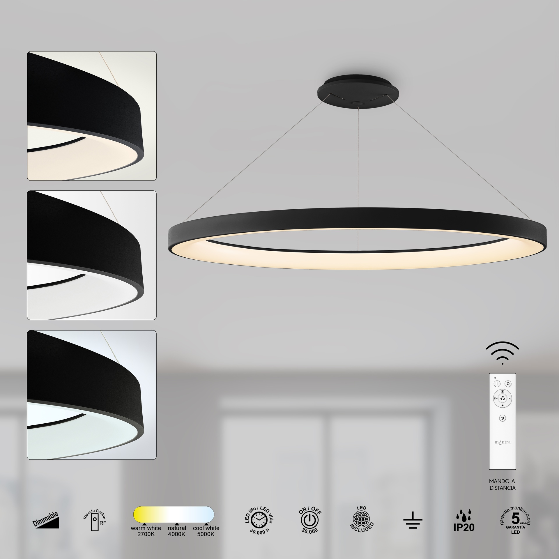 NISEKO II * PENDANT 90 CM - WITH REMOTE CONTROL - BLACK
