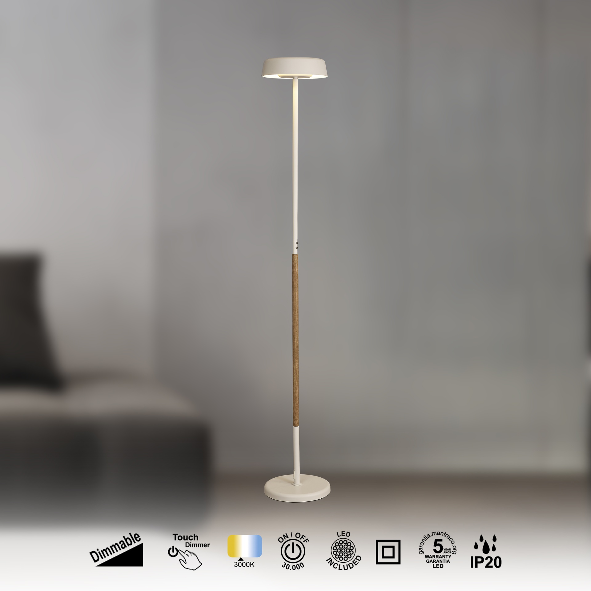 NOA II * FLOOR LAMP 21+9W 3000K TOUCH DIMMER  WHITE/WOOD