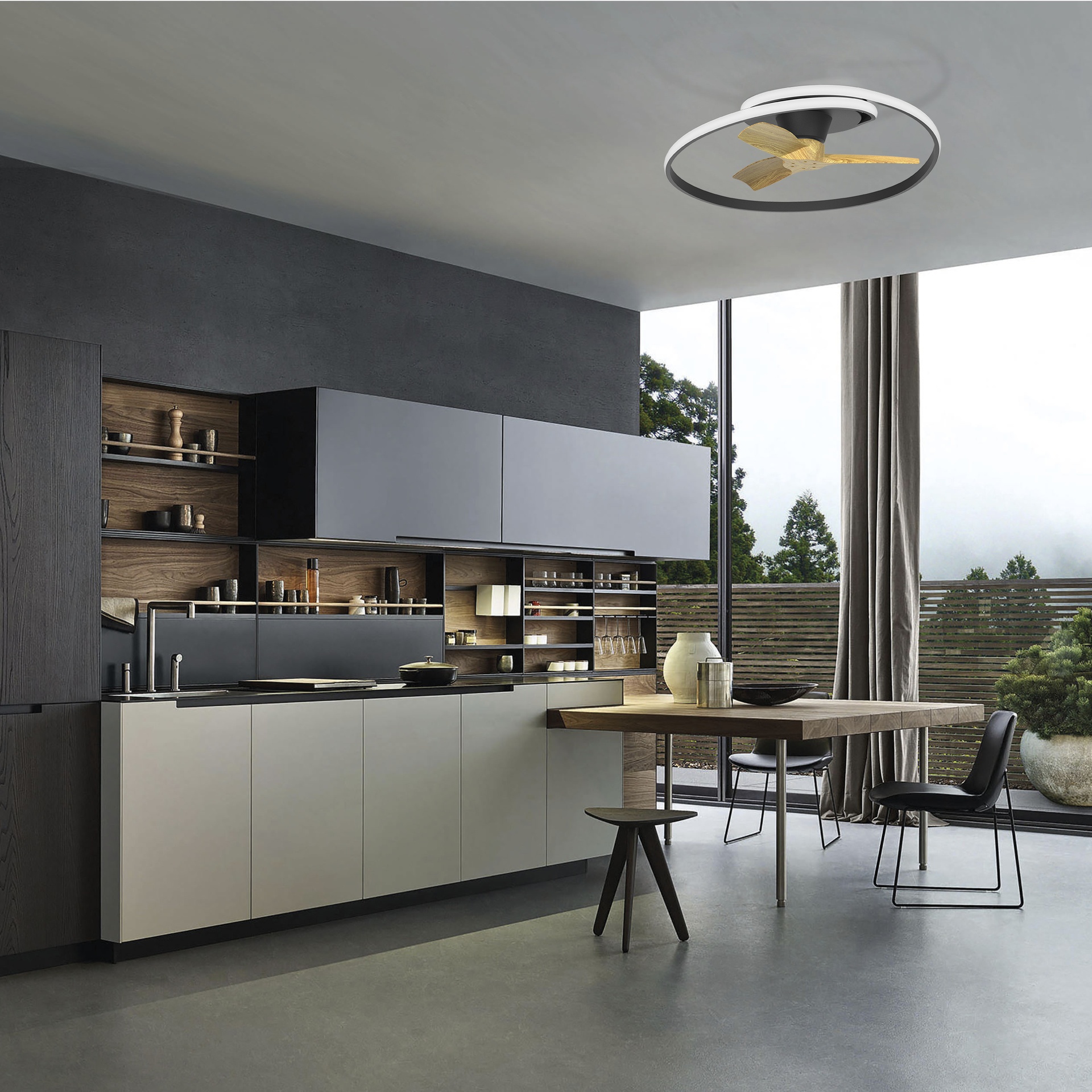 Ocean · Ventilador de aspas con luz · Negra / Madera