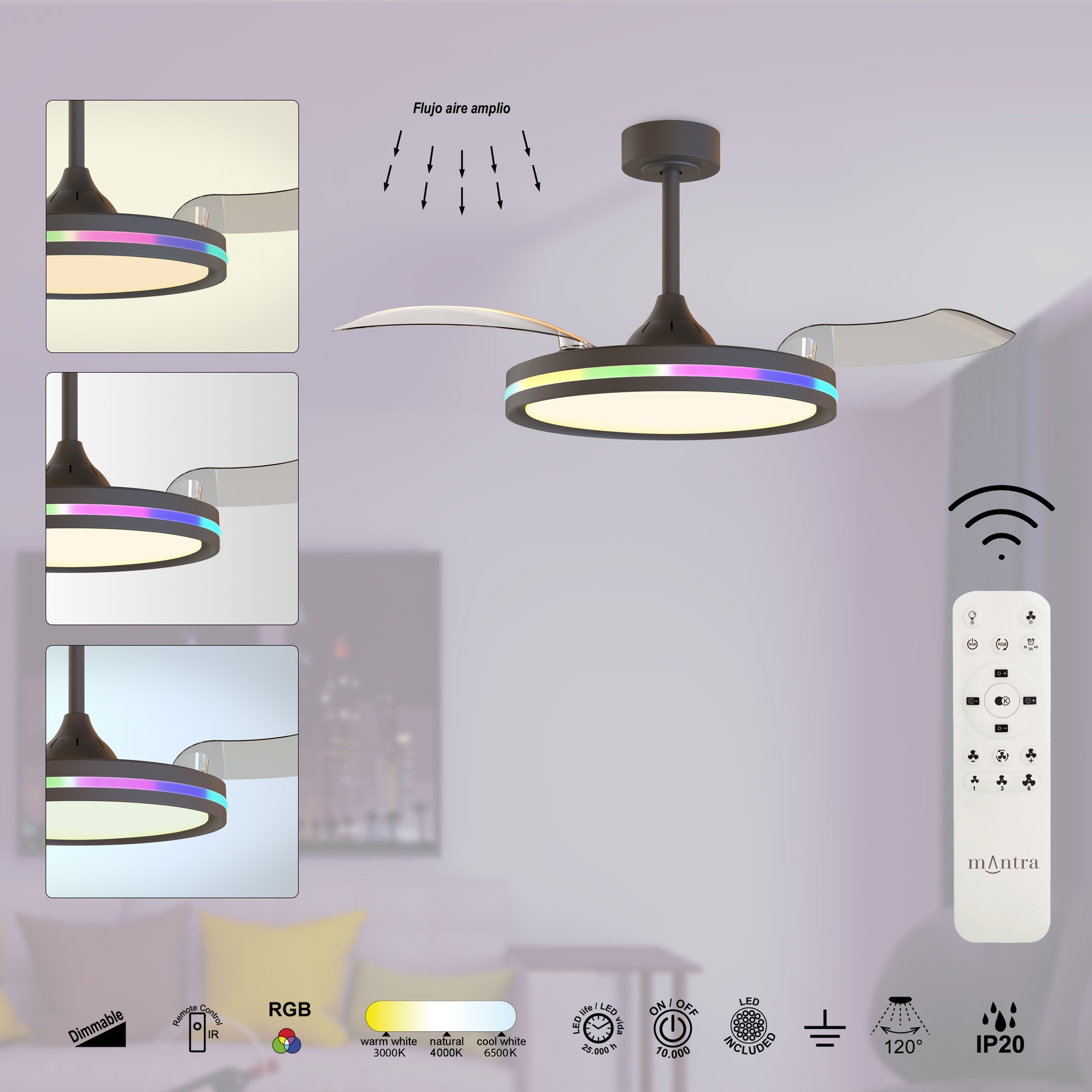 RAFAGA * Ventilateur LED noir 50W-3000K-6500K 