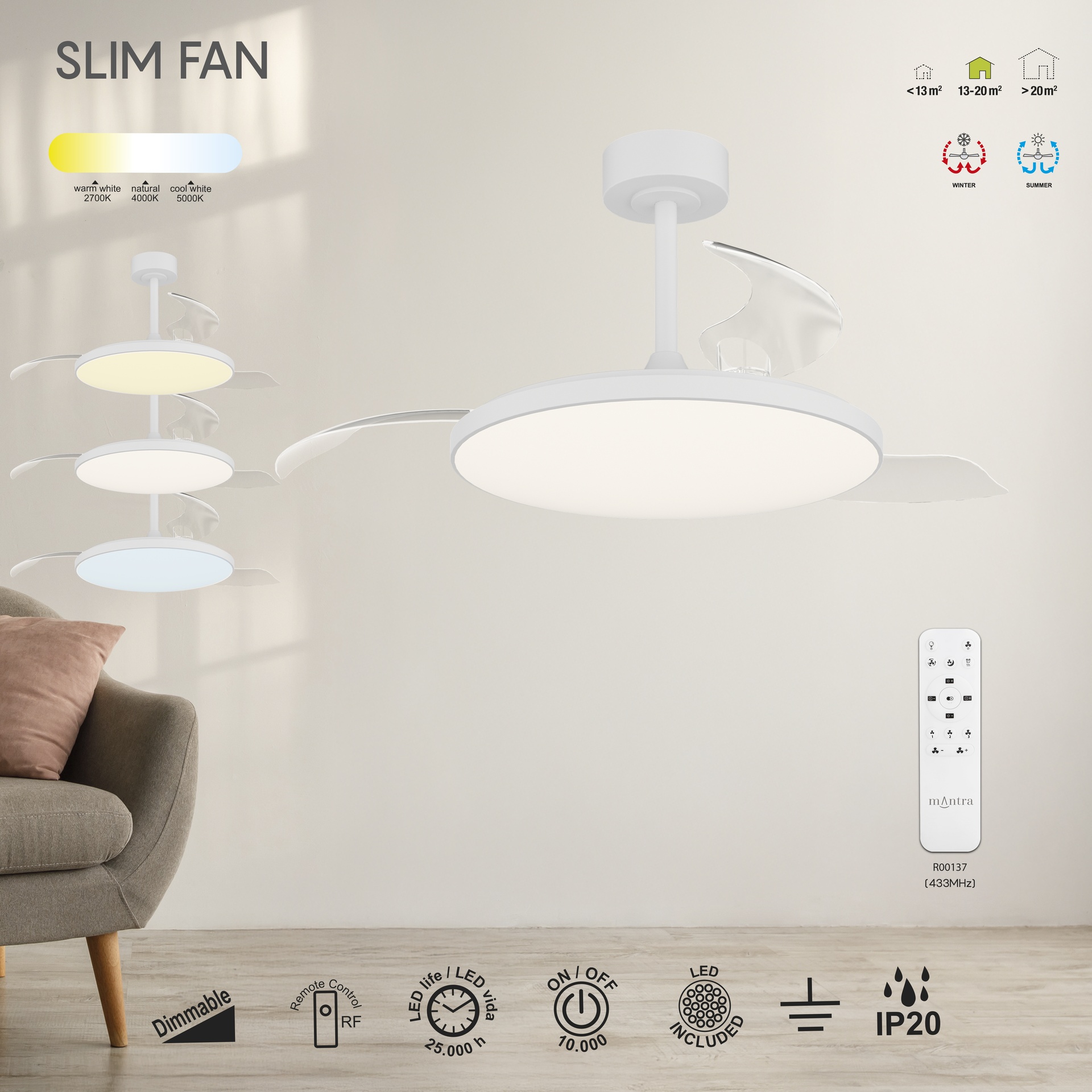 Slim Fan · Ceiling fan with retractable blades and light · Black