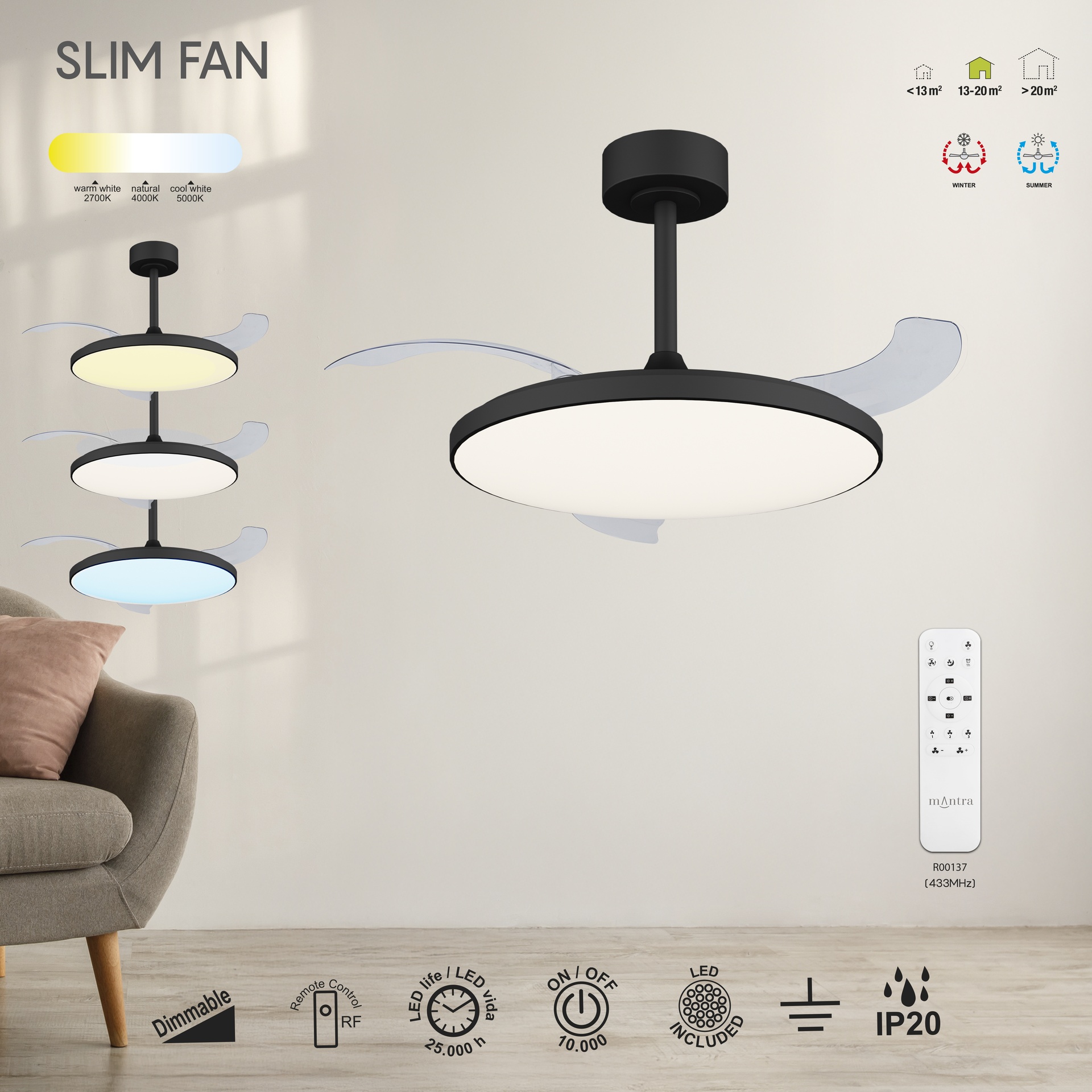 SLIM FAN  * PLAFONIERA / VENTILATORE - NERO 