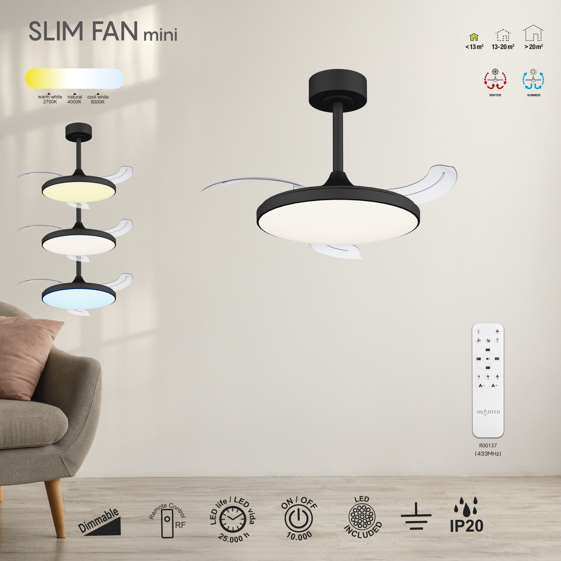 Slim Fan Mini · Ventilador de aspas desplegables con luz · Black