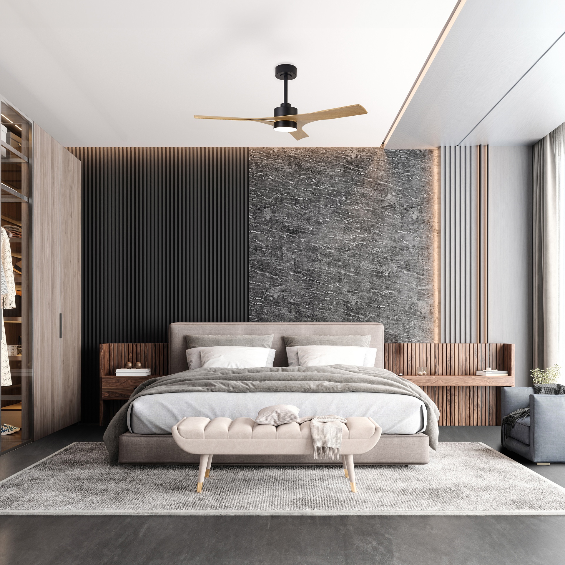 Thai · Ventilateur de plafond avec éclairage · Noir / Bois