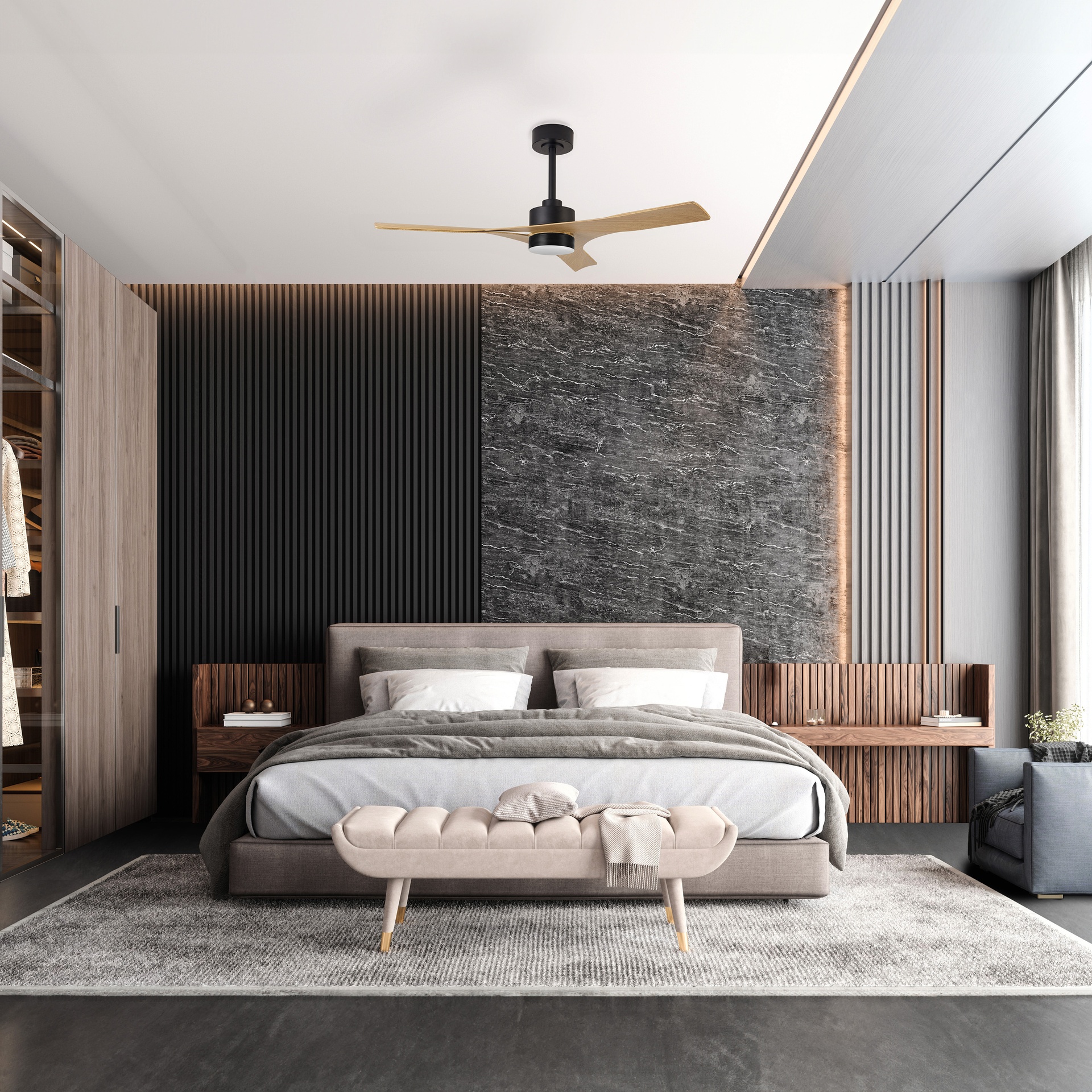 Thai · Ventilateur de plafond avec éclairage · Noir / Bois