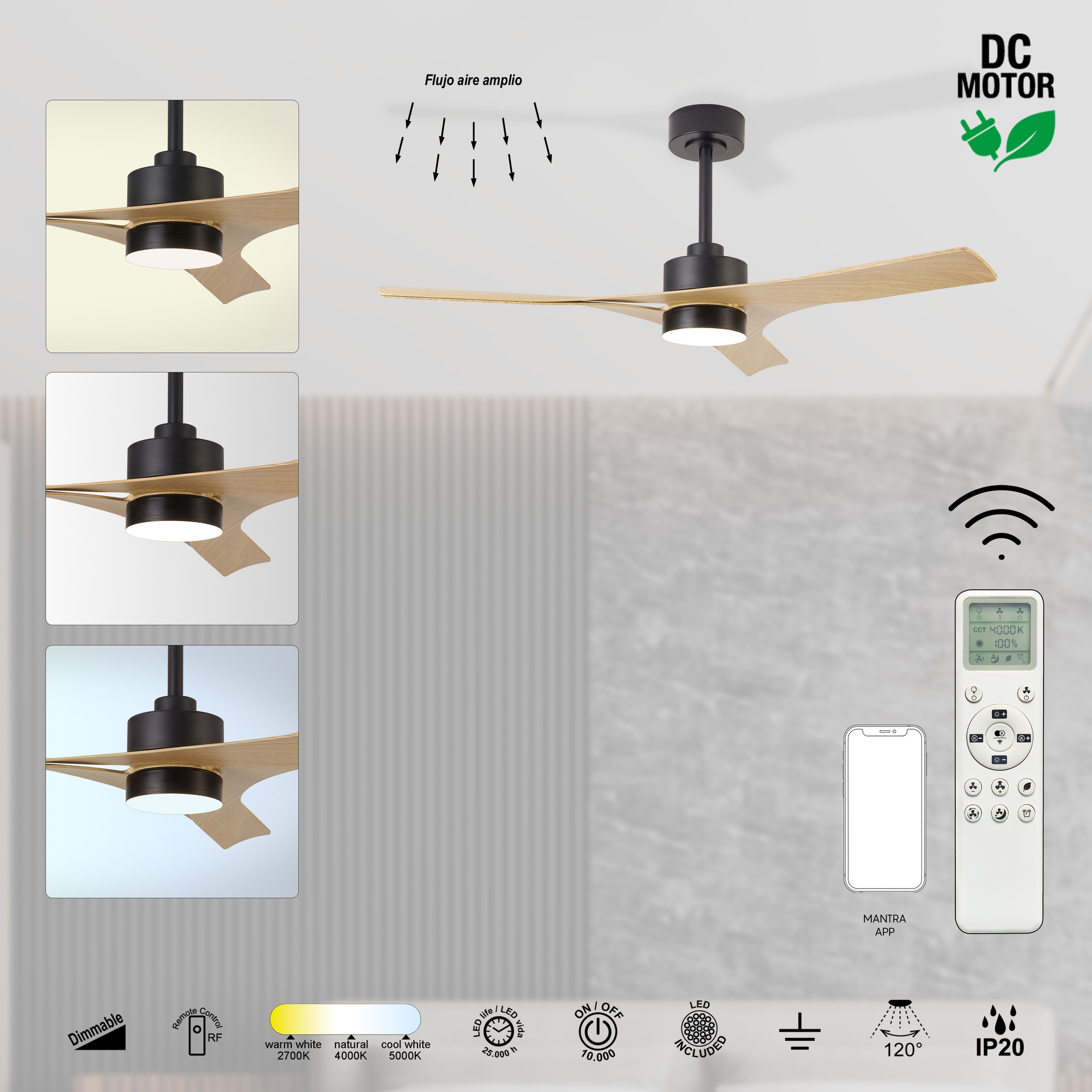 Thai · Ventilateur de plafond avec éclairage · Noir / Bois