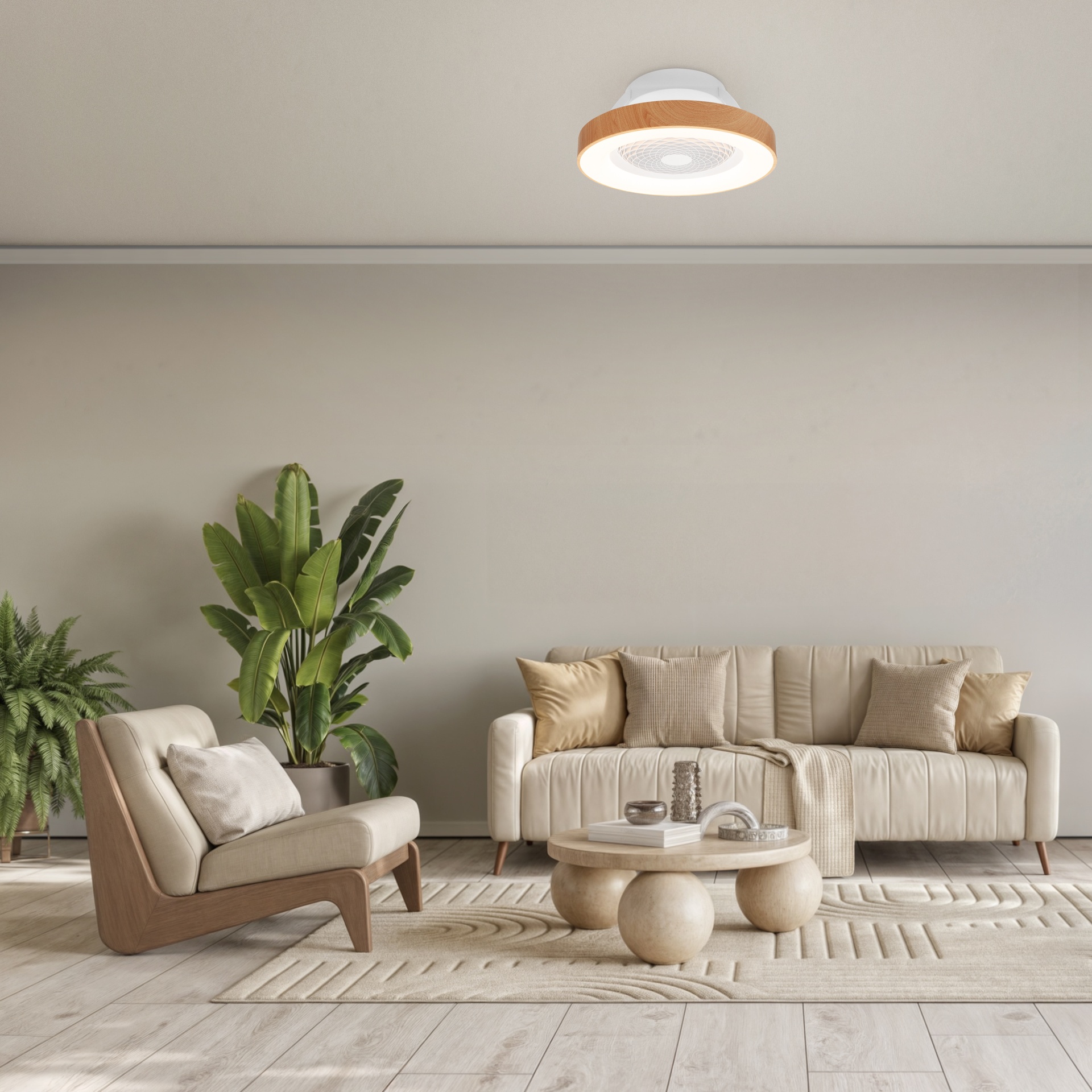 Tíbet Mini · Plafón-ventilador de aspas ocultas con luz · Madera / Blanco