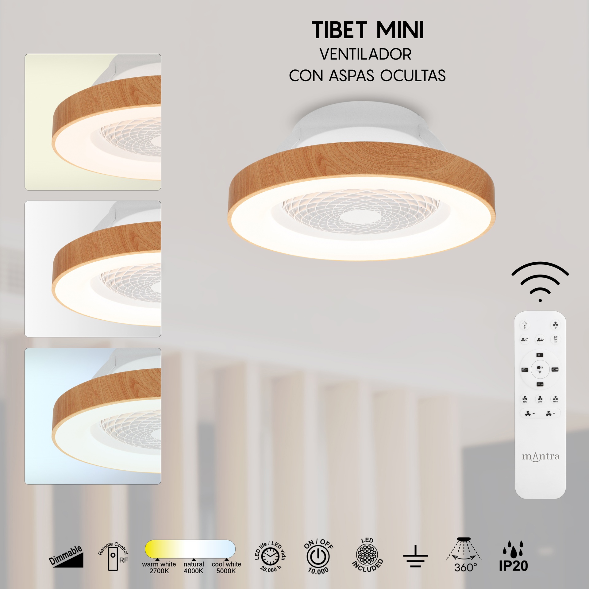 Tíbet Mini · Plafón-ventilador de aspas ocultas con luz · Madera / Blanco