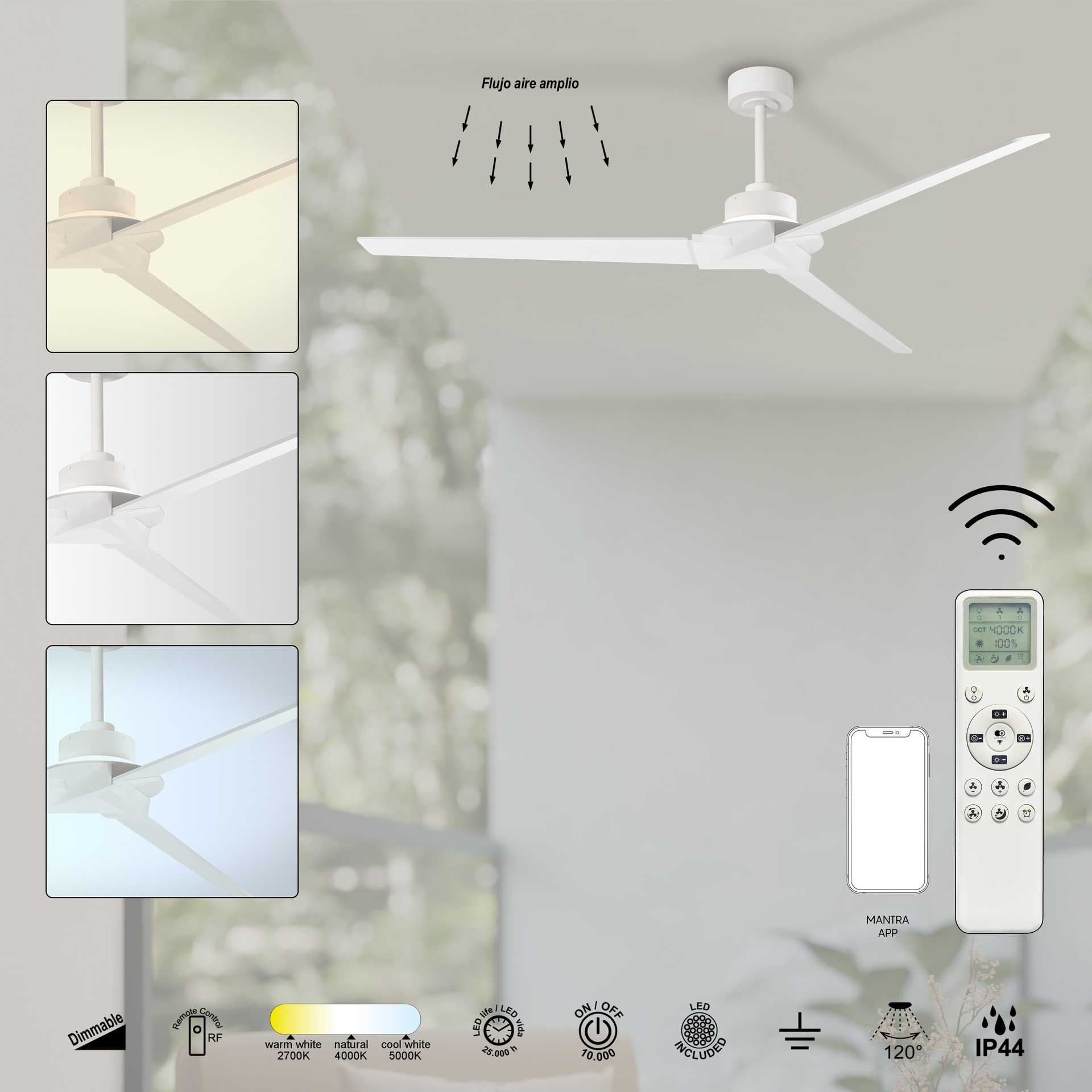 BRISA * VENTILATORE IP44 BIANCO LED 20W-2700K-5000K
