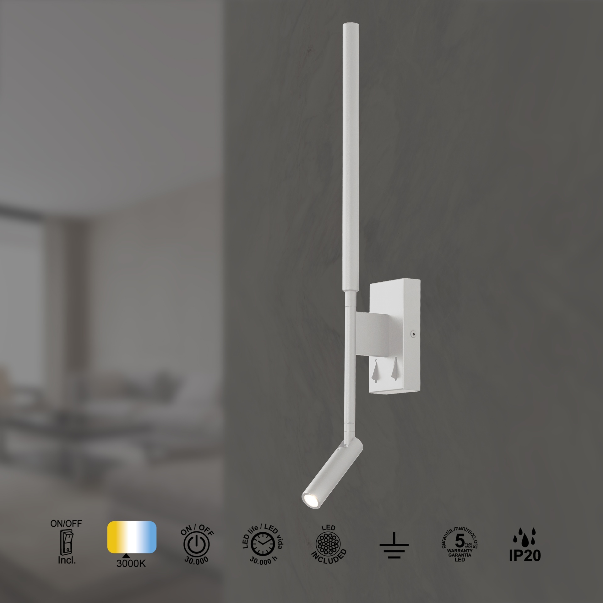 TORCH * APPLIQUE BIANCO LETTORE LED 3W+6W 3000K