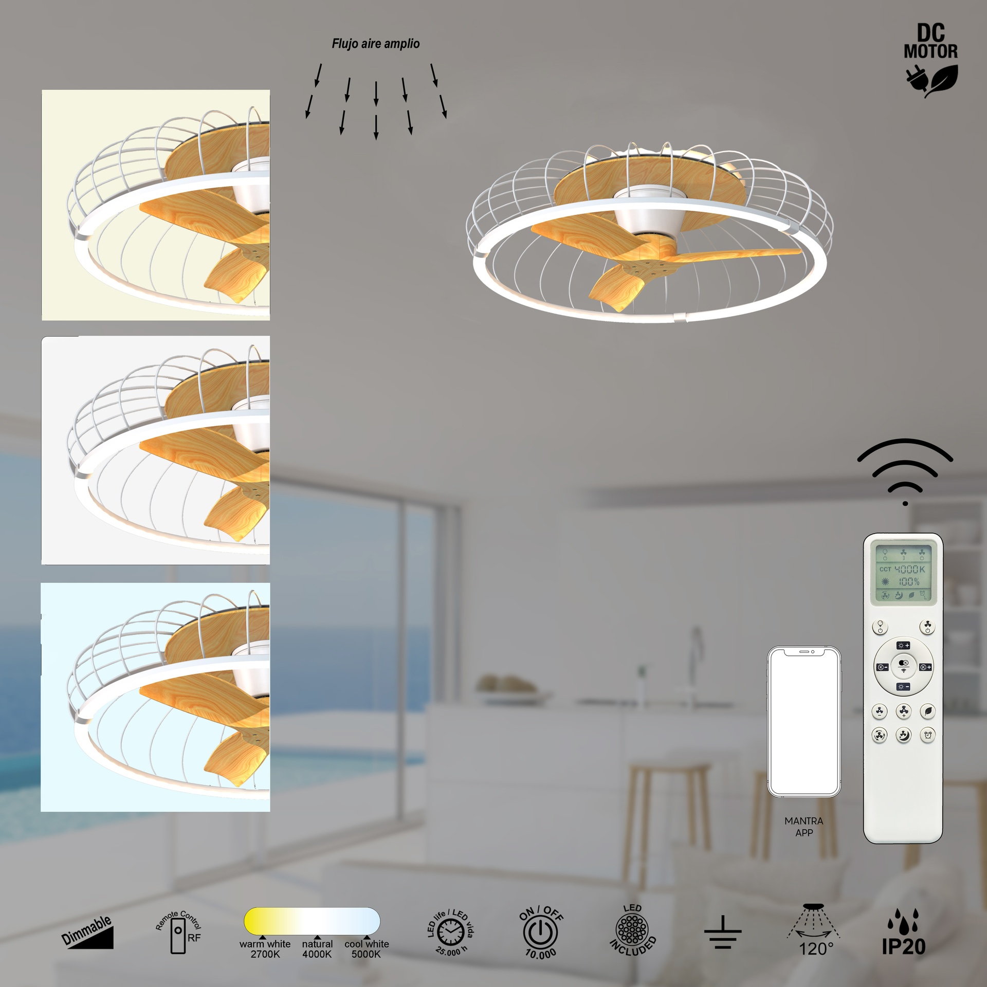 ***DES*** NATURE * VENTILATORE A SOFFITTO LED BIANCO/HAYA CON TELECOMANDO