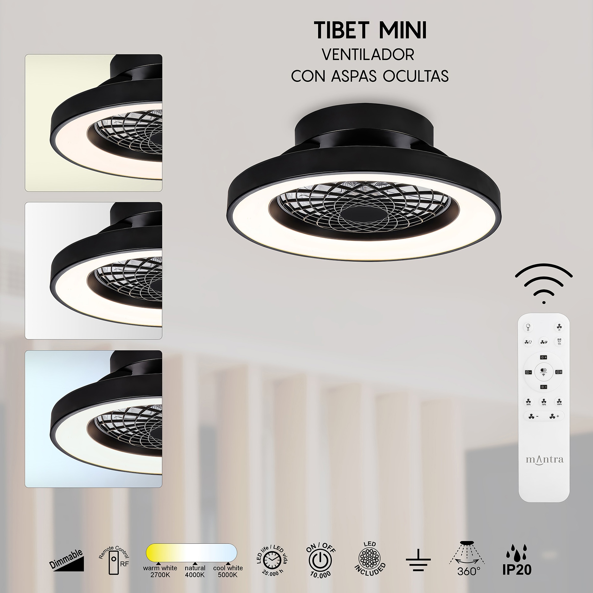 Tíbet Mini · Plafón-ventilador de aspas ocultas con luz · Black