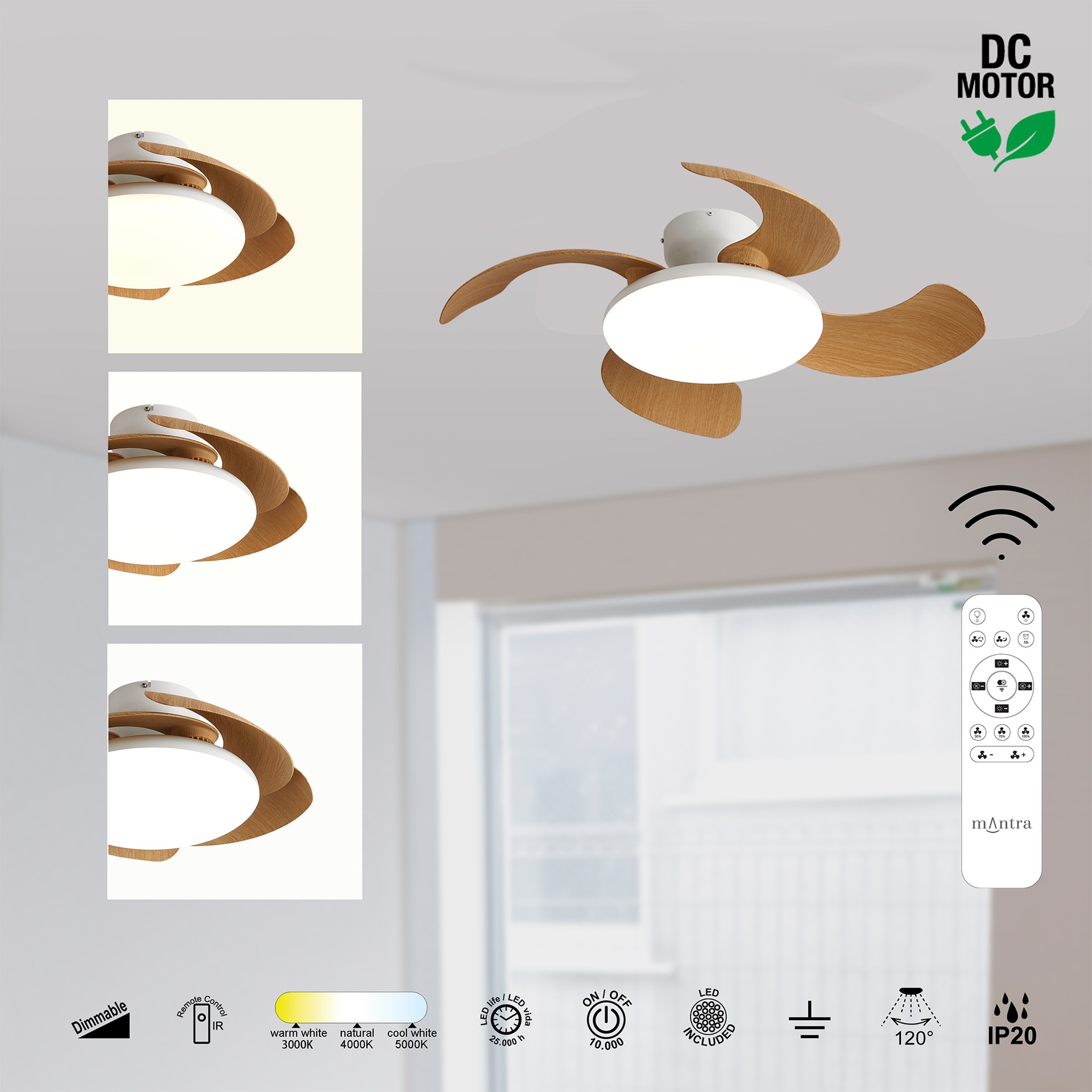 Aloha II · Ceiling fan with retractable blades and light · White / Wood