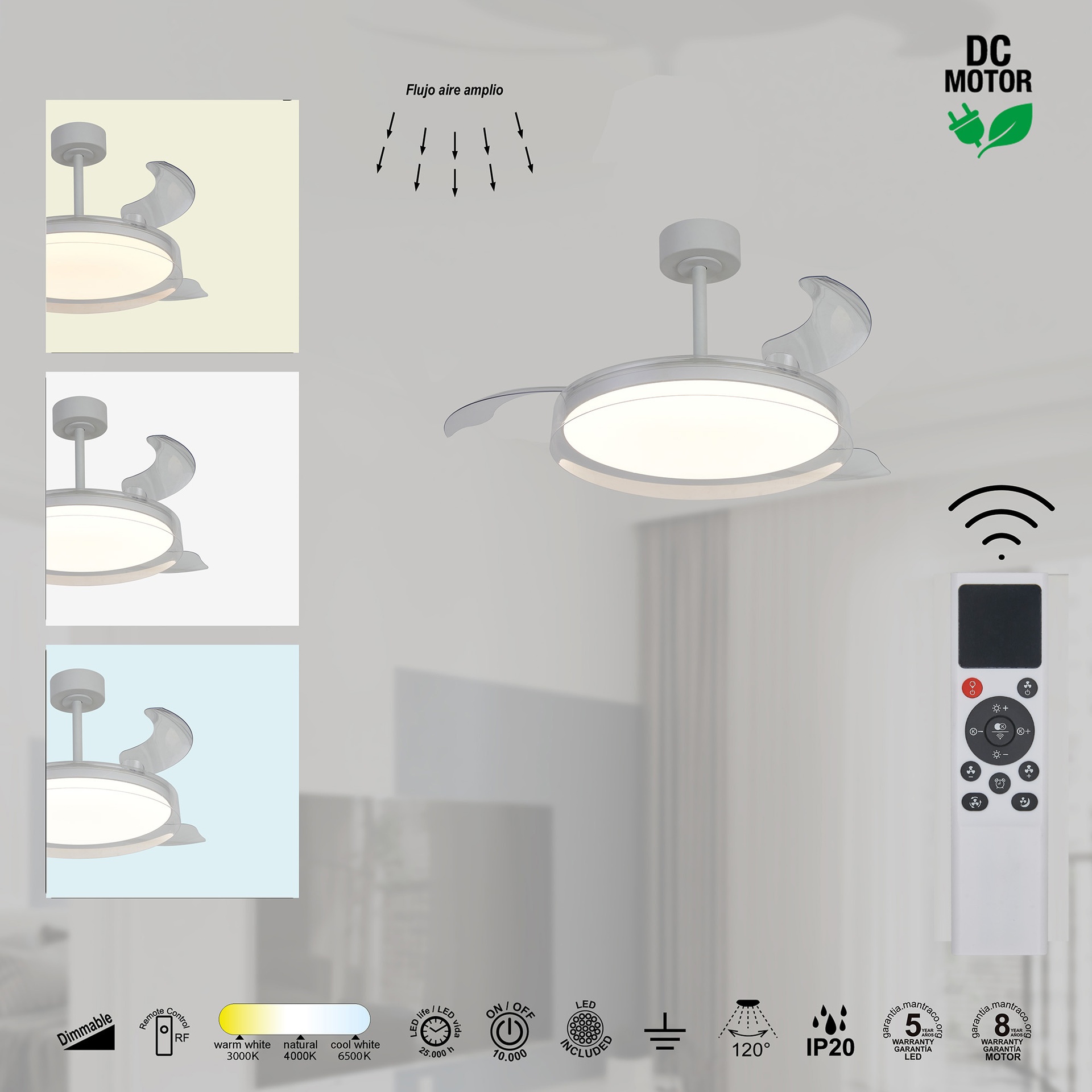 ***DES*** GLASS FAN * CEILING FAN - 53 cm WHITE-TRANSPARENTE