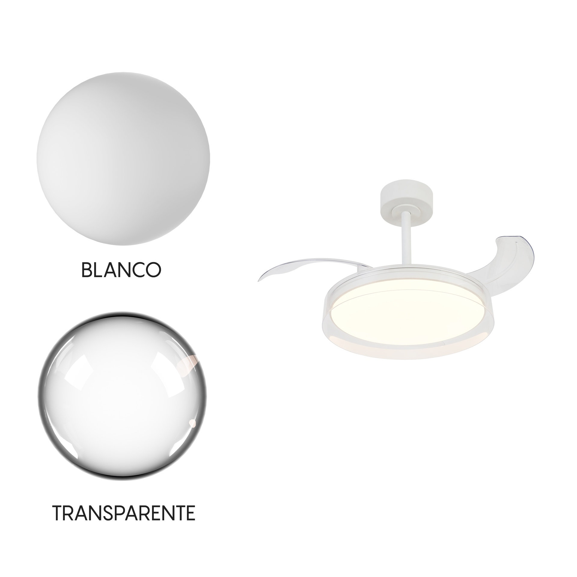 Glass Fan · Ventilador de aspas desplegables con luz · Blanco