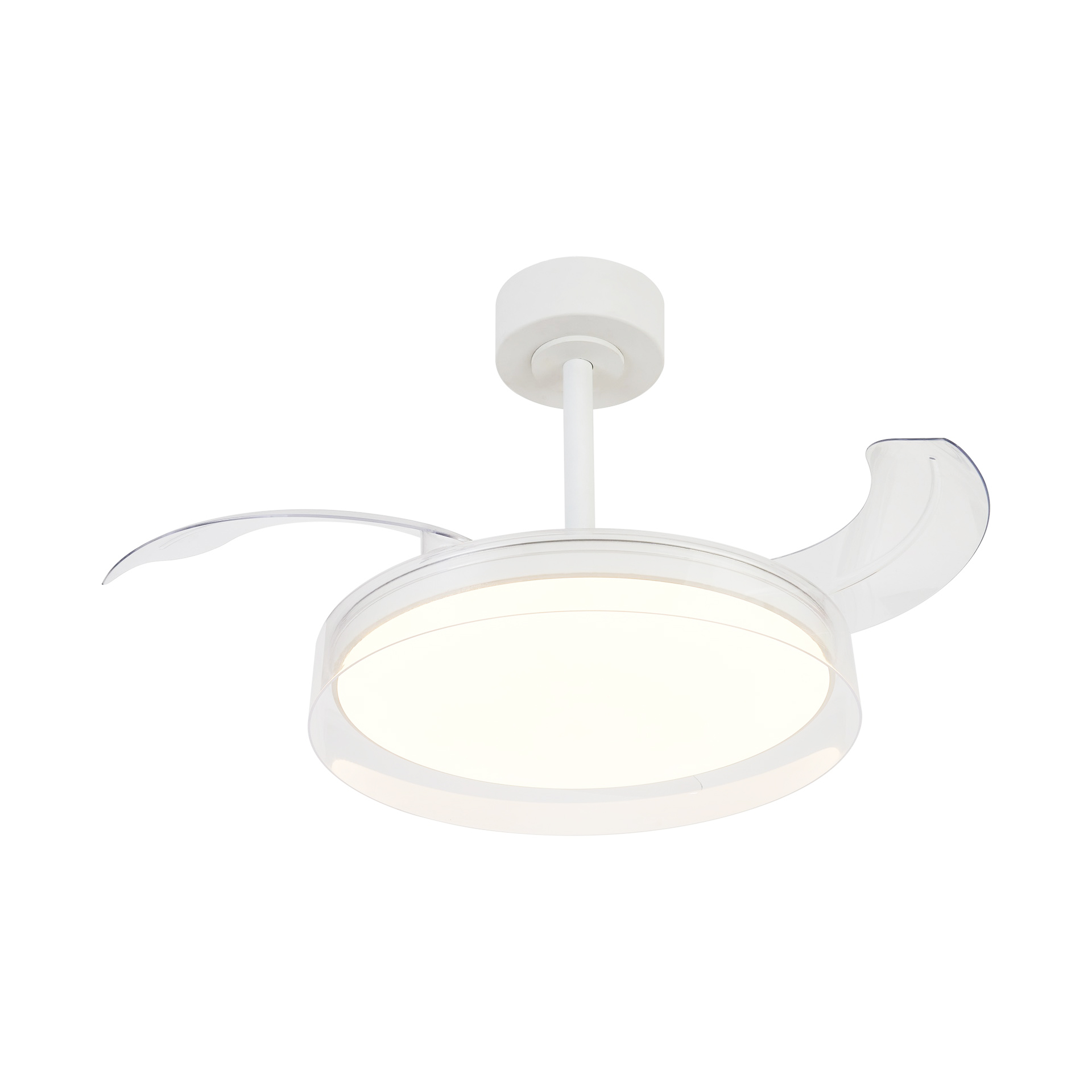 Glass Fan · Ventilador de aspas desplegables con luz · Blanco