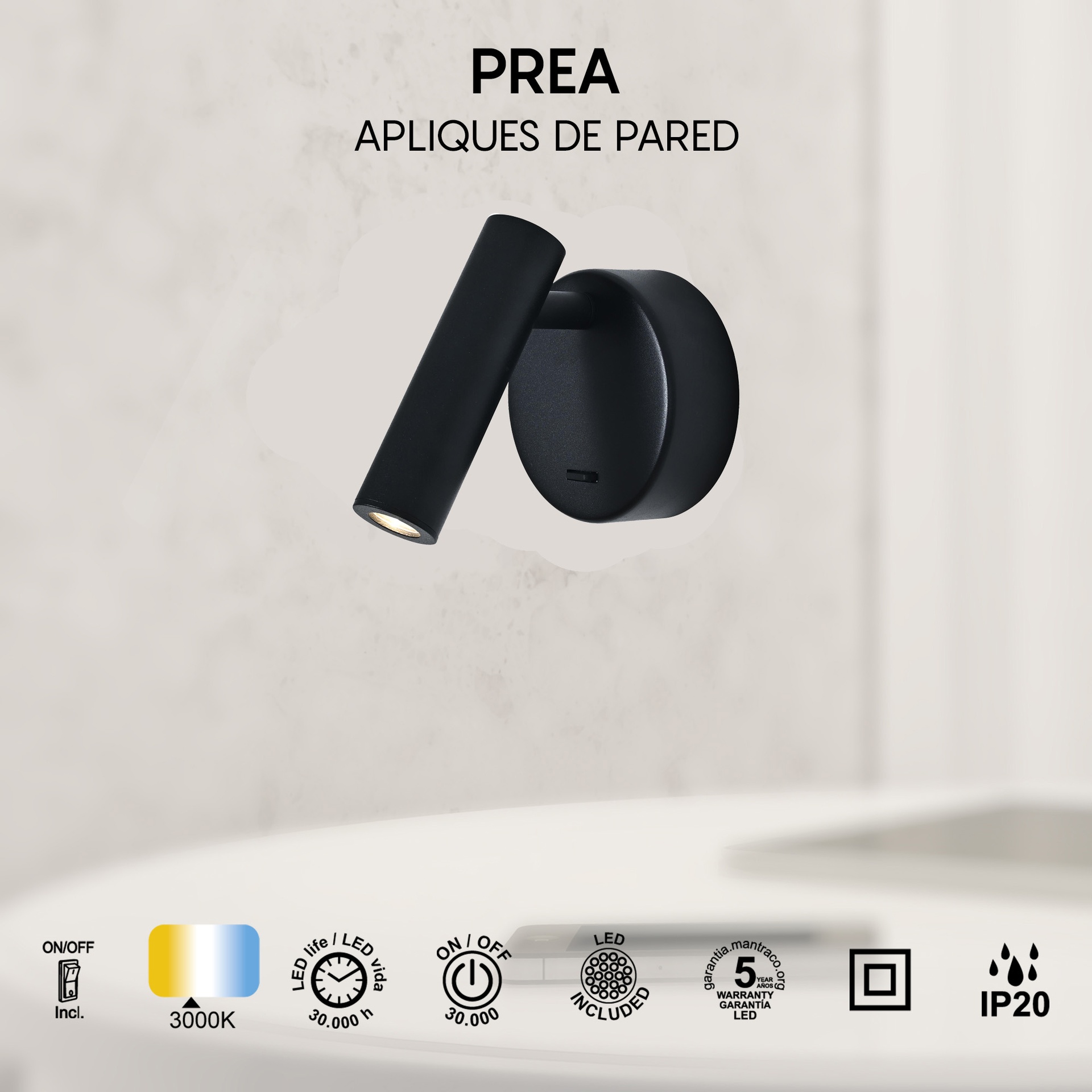 PREA * LED WALL LAMP/ READING - BLACKLED 3W 3000K