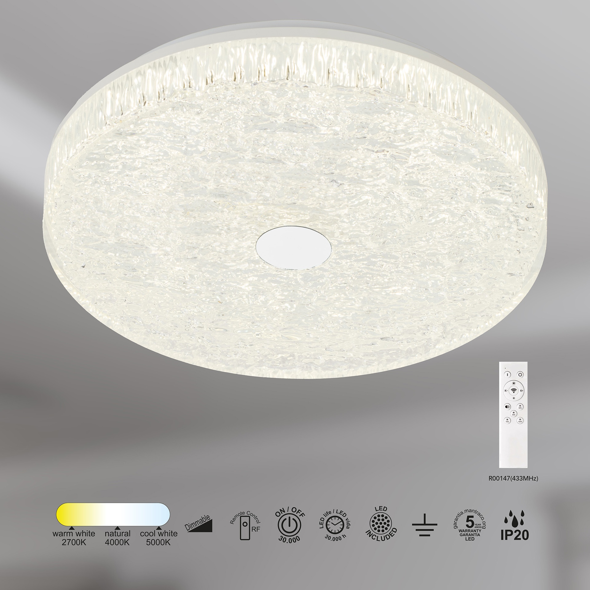 FROZEN * PLAFONNIER LED ROND BLANC DIMMABLE 48CM - AVEC TÉLÉCOMMANDE