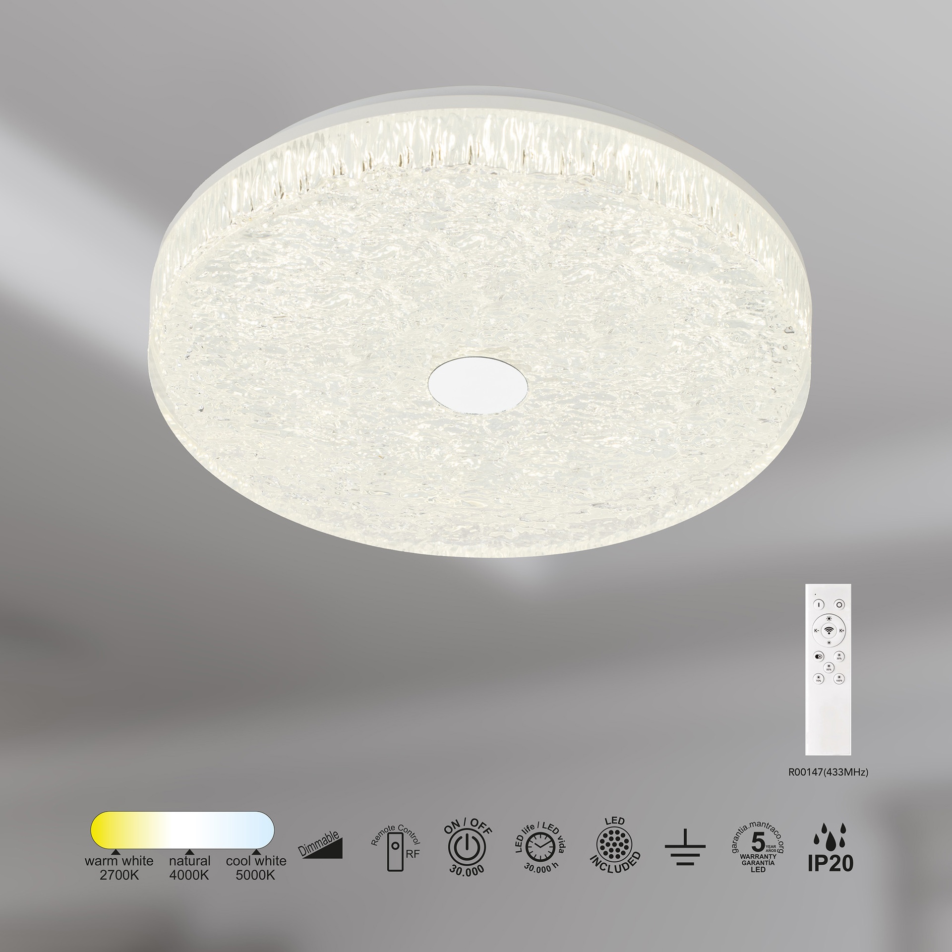 FROZEN * PLAFONNIER LED ROND BLANC DIMMABLE 38CM - AVEC TÉLÉCOMMANDE
