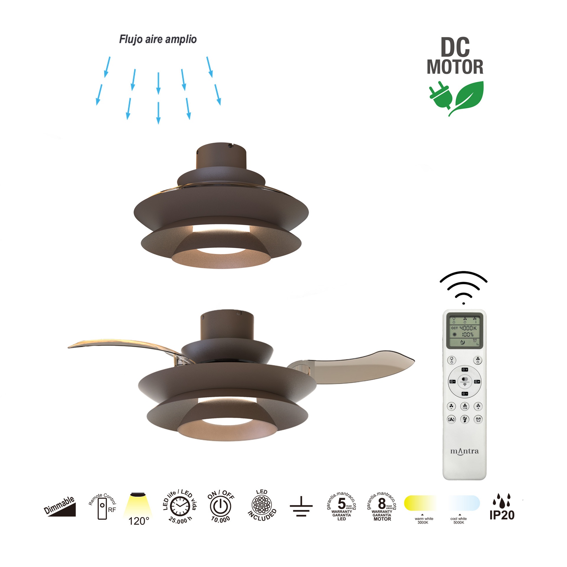 Aconcagua · Ventilador de aspas desplegables con luz · Café