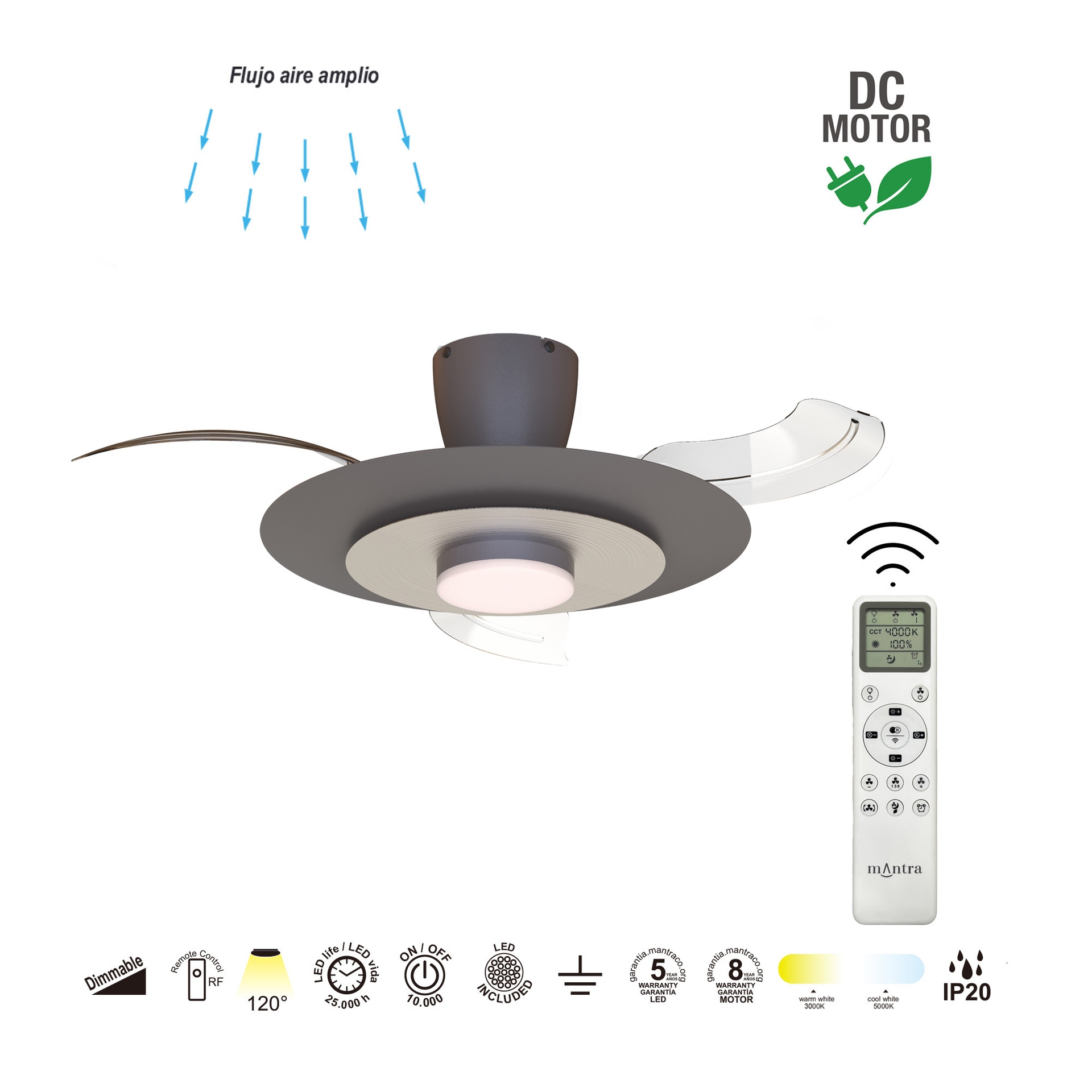 Kyoto · Ventilador de aspas desplegables con luz · Café/ Niquel cepillado