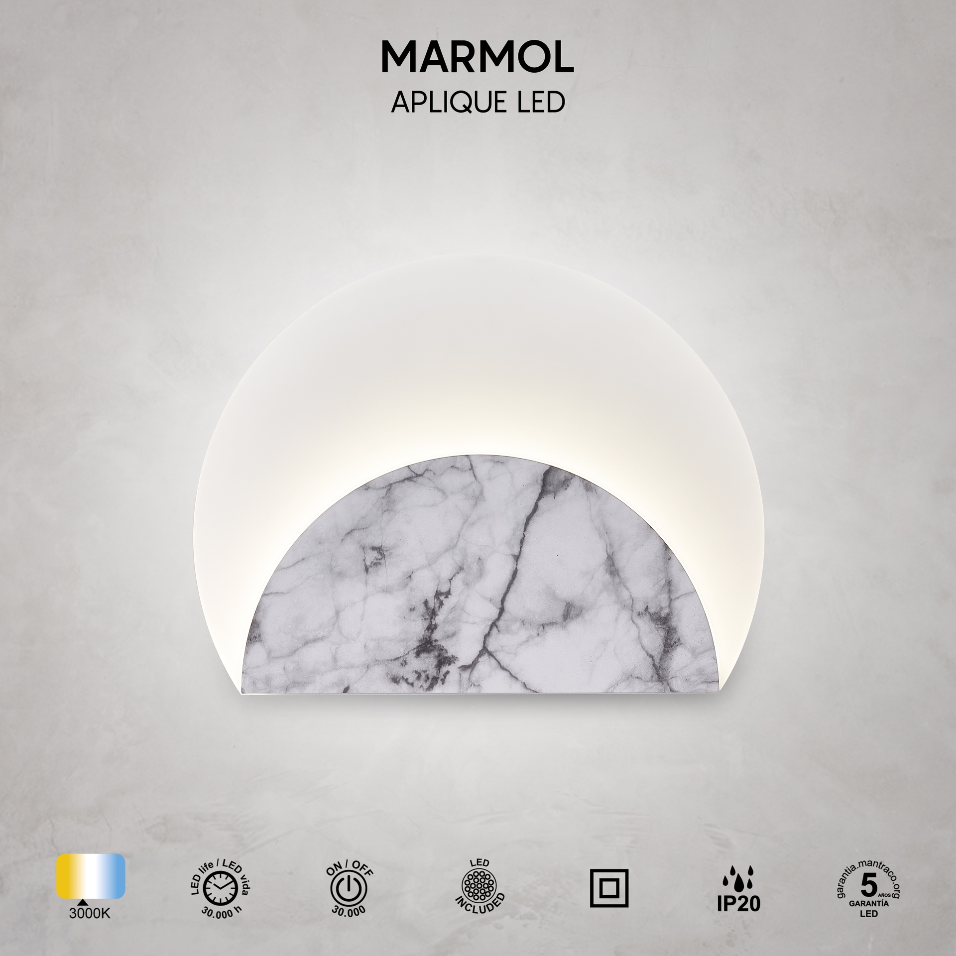 ***DES*** MARMO * APPLIQUE LED 12W - 3000K - MARMO BIANCO + CRISTALLO OPALE