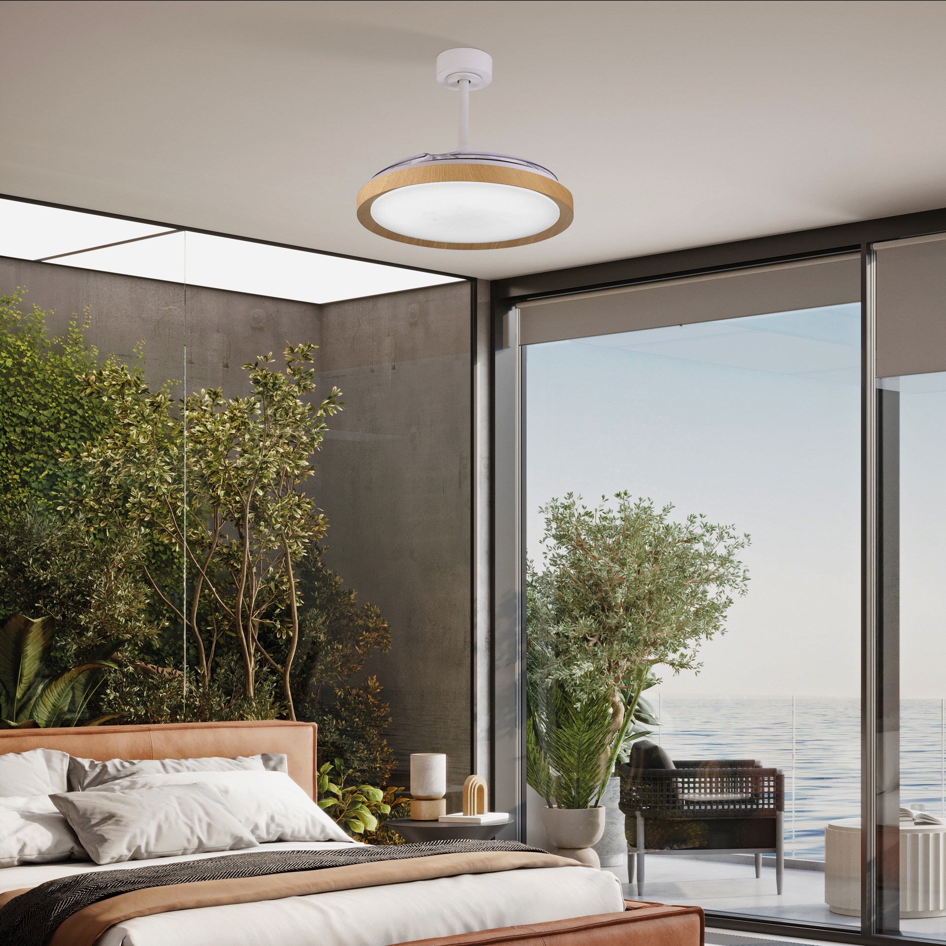 Mistral · Ventilatore da soffitto con pale retrattili e luce · Bianco / Legno