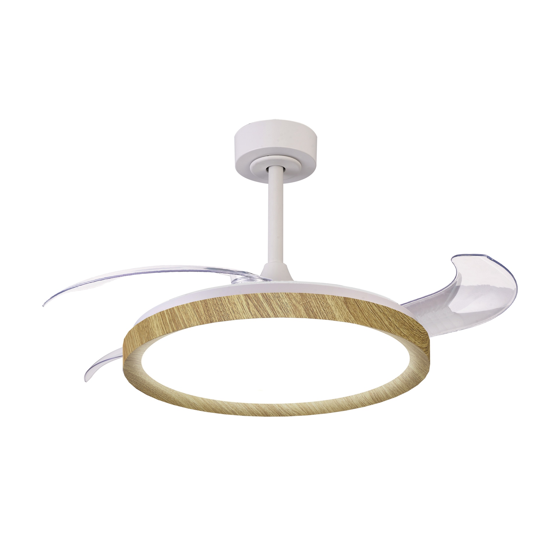 Mistral · Ventilatore da soffitto con pale retrattili e luce · Bianco / Legno