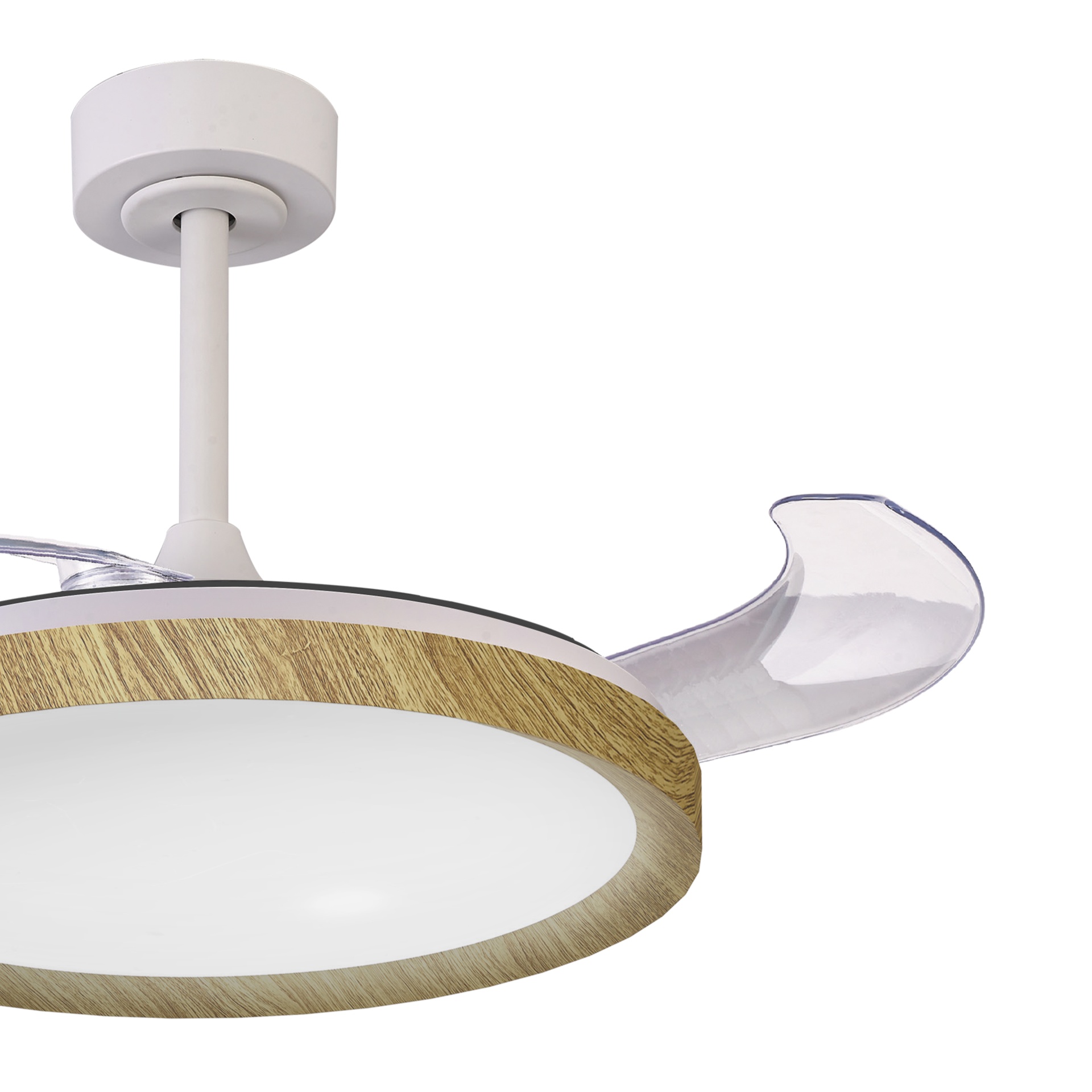 Mistral · Ventilatore da soffitto con pale retrattili e luce · Bianco / Legno