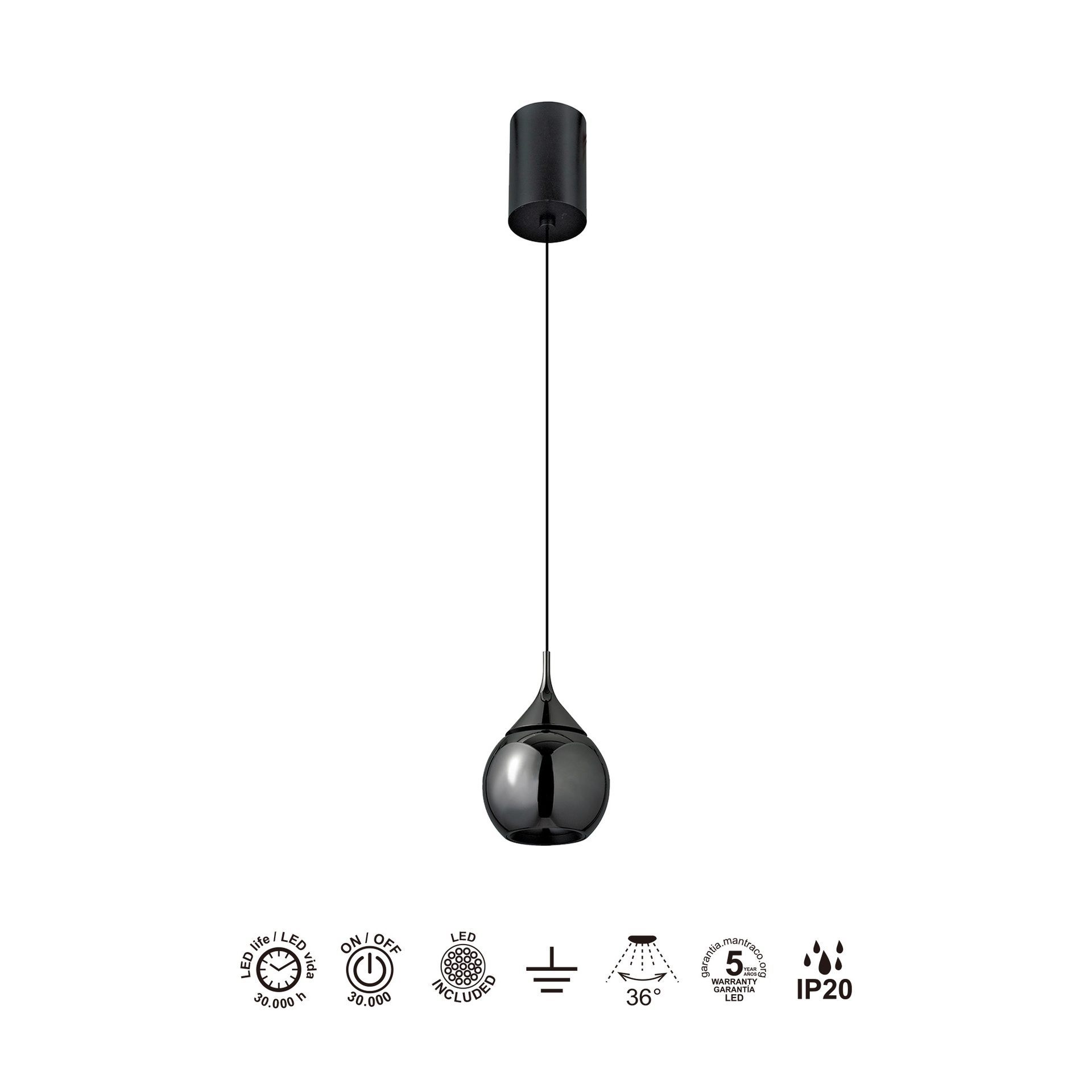 DROP * LED PENDANT 7W 3000K 36° BLACK PERL