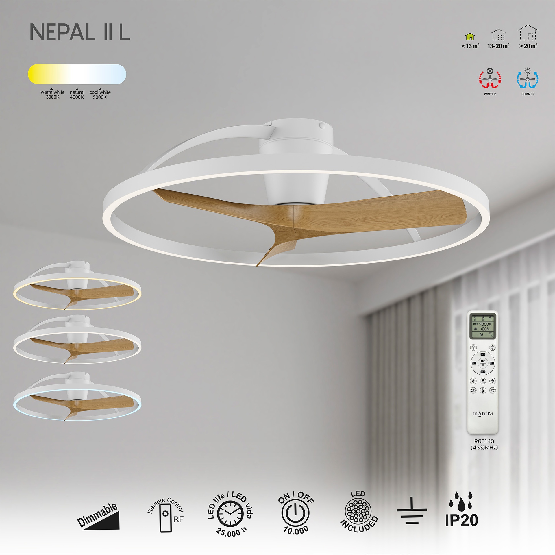 NEPAL II * CEILING FAN  - WHITE-WOOD - Large