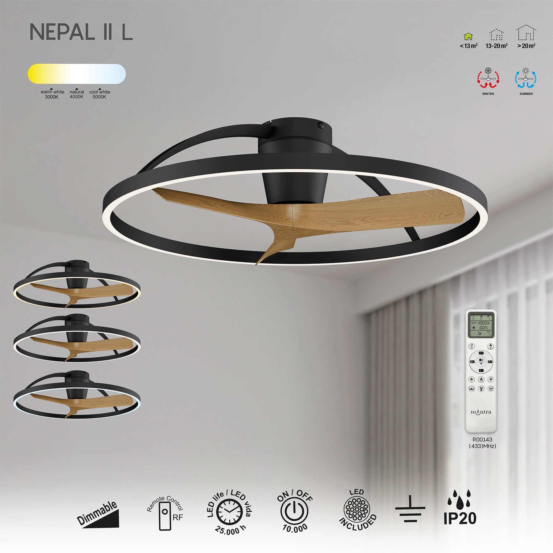 NEPAL II * VENTILATORE A SOFFITTO  - NERO-LEGNO - GRANDE