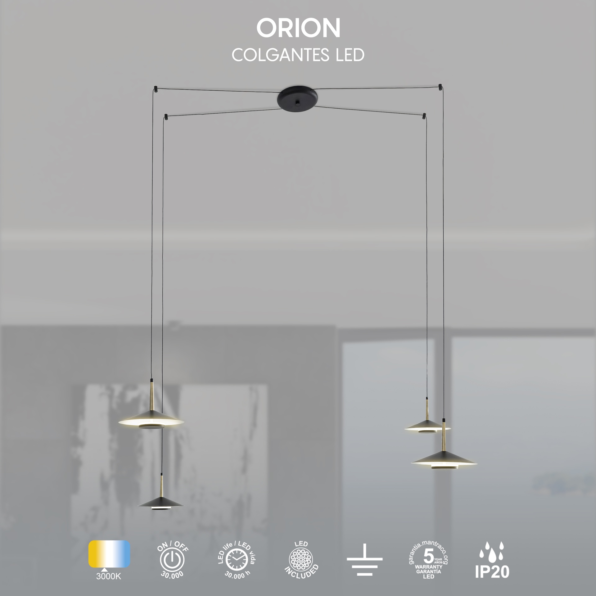 ORION * SOSPESO LED NERO/CUOIO  4L*8W 3000K