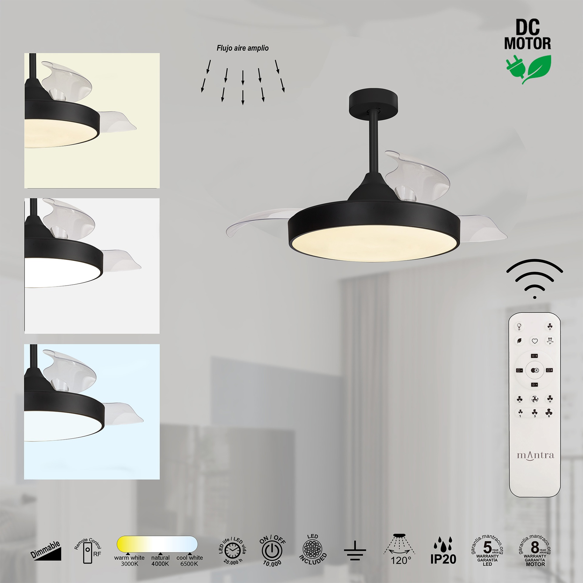 Alaska · Ventilador de aspas desplegables con luz · Negra