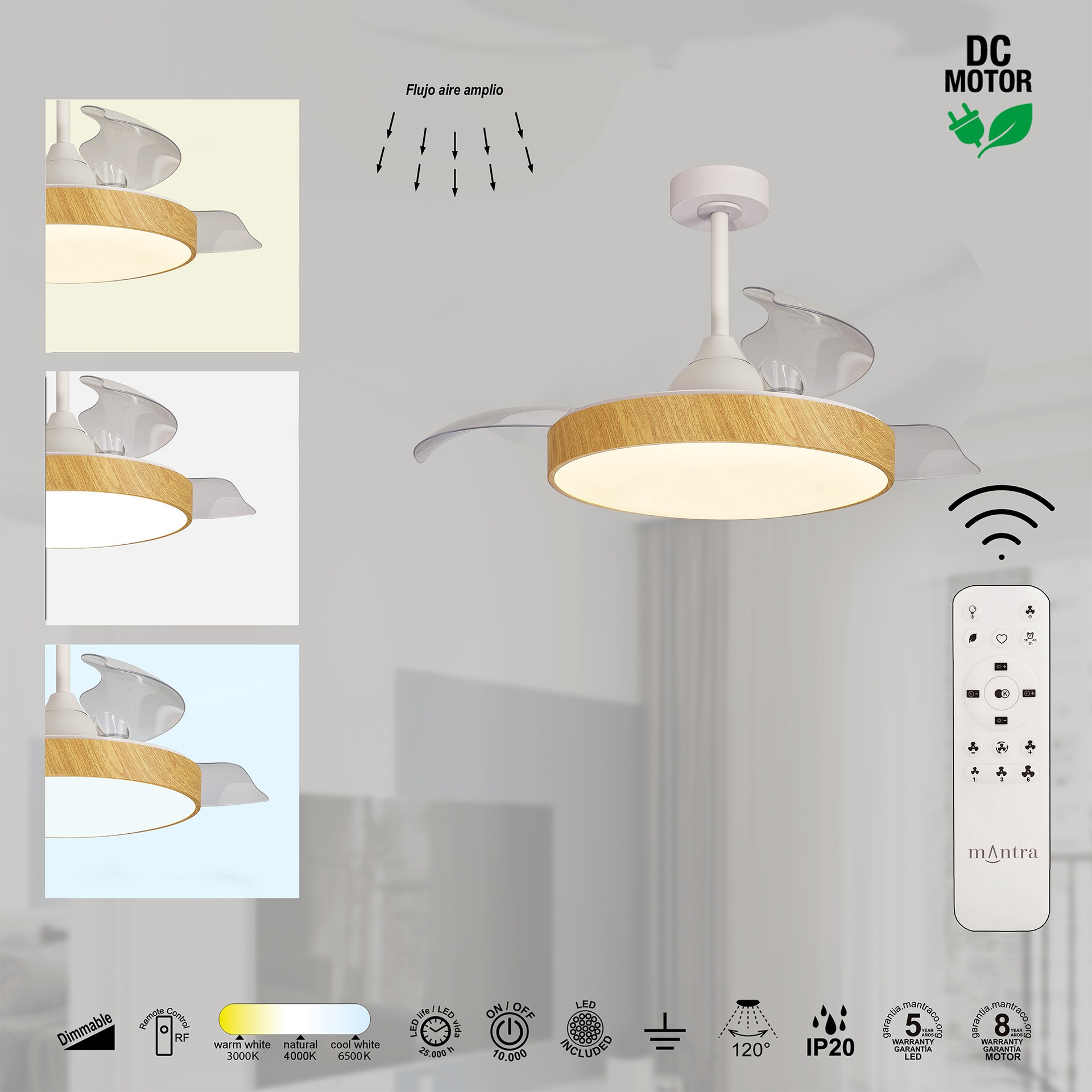 ALASKA MINI * VENTILATORE BIANCO/LEGNO LED 45W-2700K-5000K