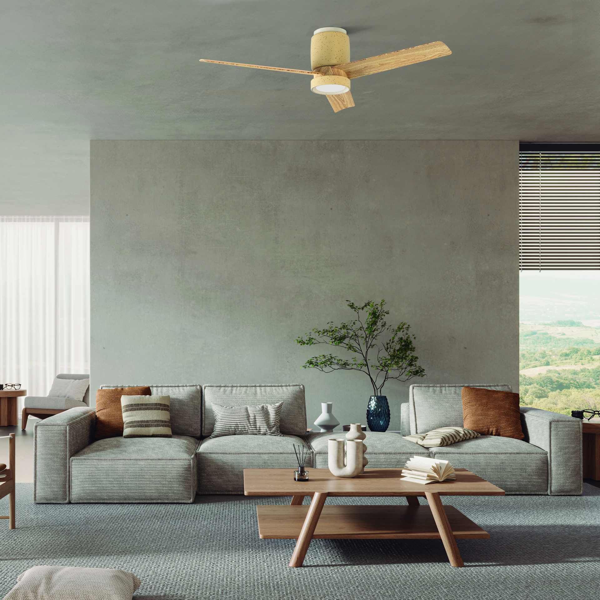 Cerámica M · Ceiling fan with light · Beige ceramic + Wood